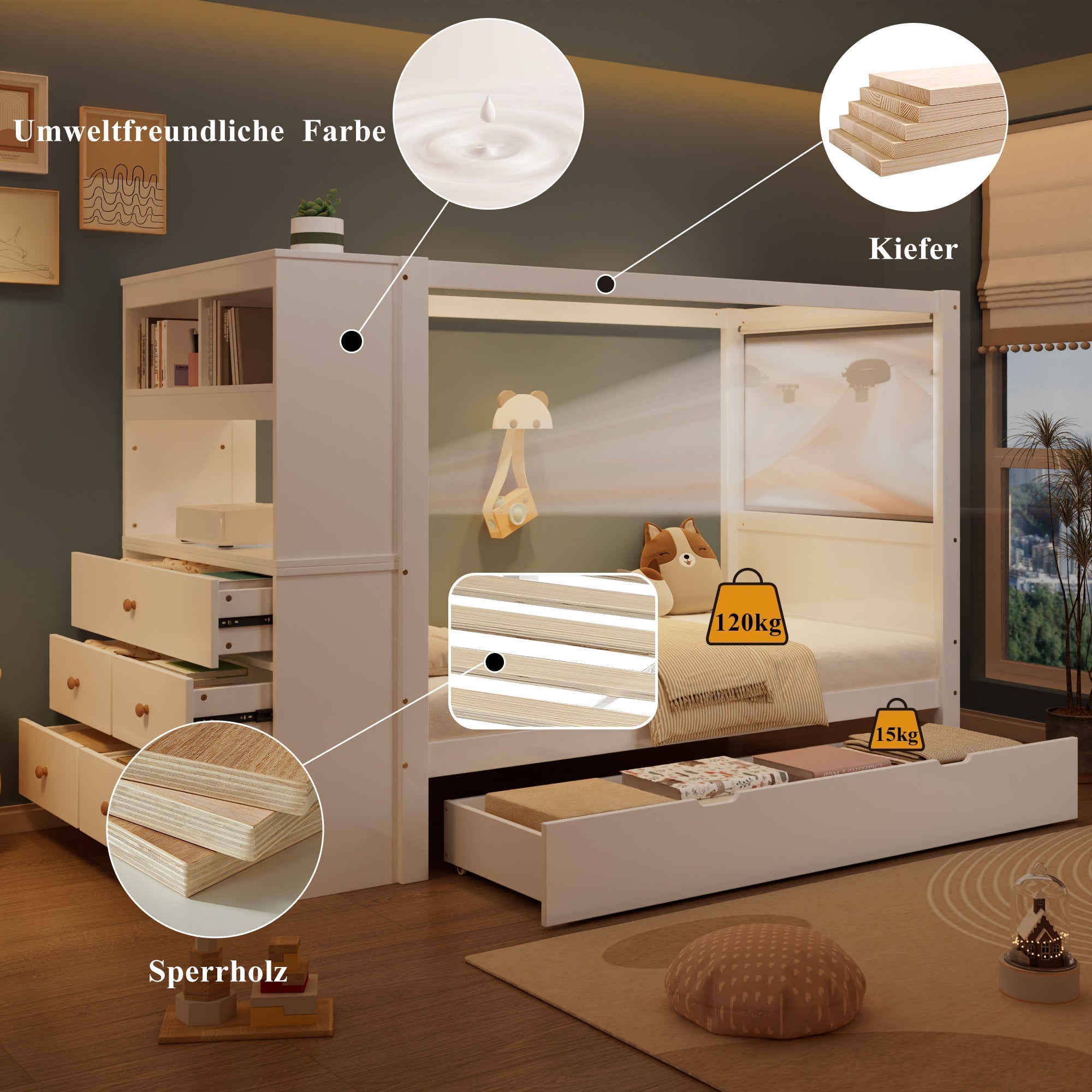 Single bed with safety rail, storage, 5 drawers, white+natural, pine+PB