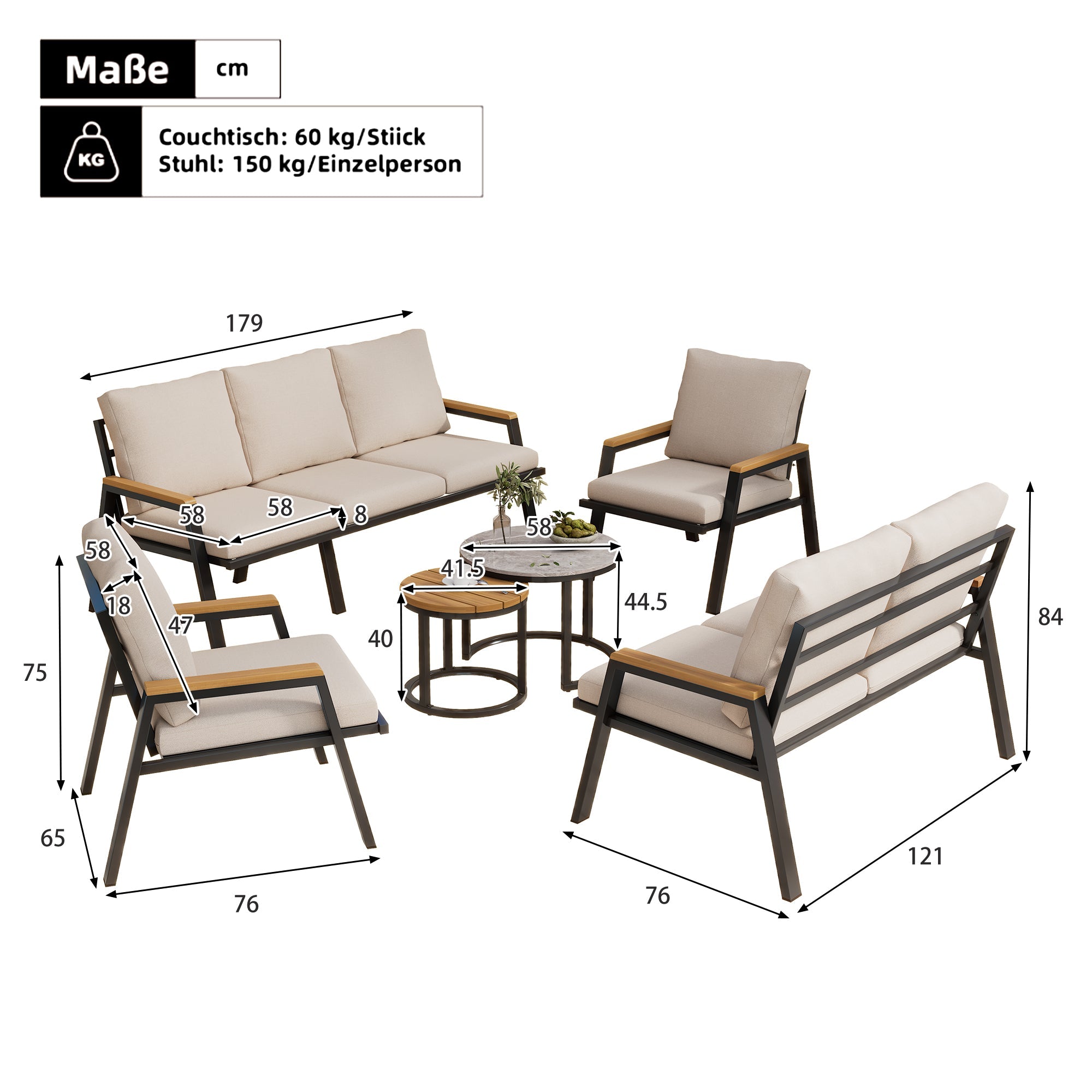 Garden Lounge Set with 3-Seater Sofa, 2-Seater Sofa, 2 Armchairs and 2 Coffee Tables, Galvanized Steel, Grey-Beige