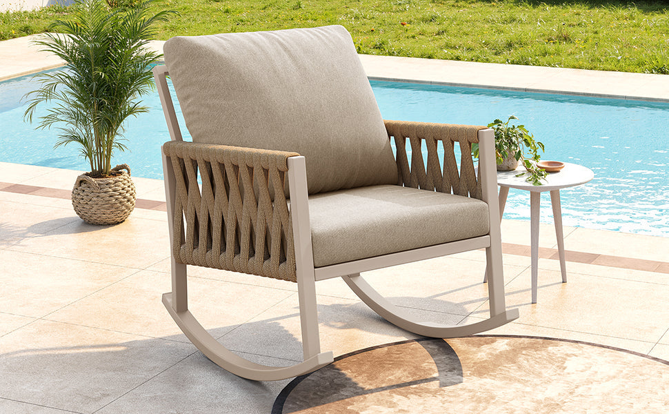 Outdoor Rocking Chair with Cross-Rope Weaving and Cushions, Weatherproof Metal Frame