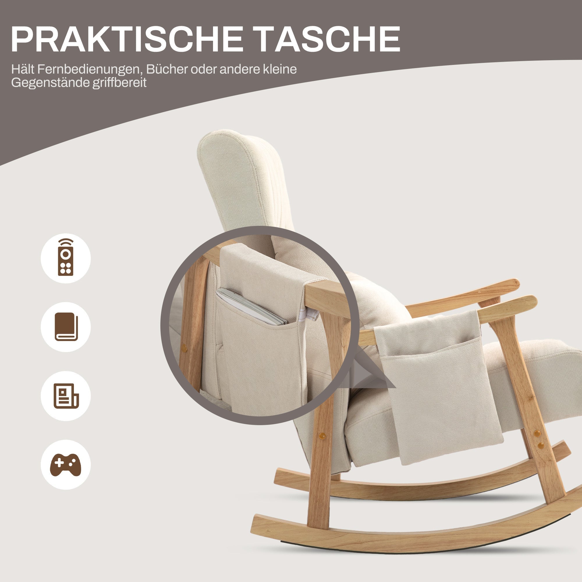 Rocking Chair Padded with Lumbar Cushion Side Pocket Wooden Frame Linen Look Beige