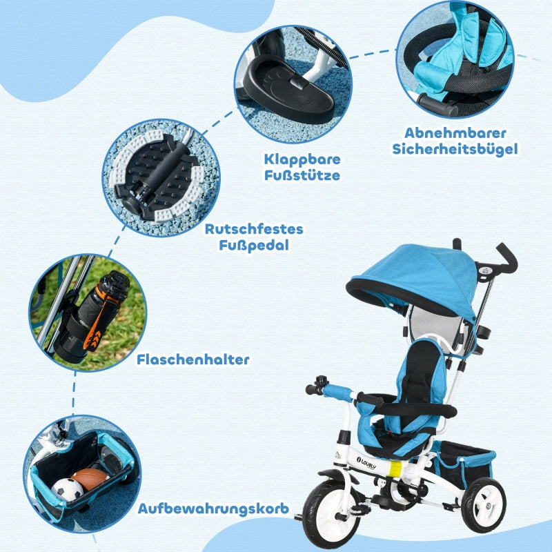 6-in-1 Tricycle with Push Bar, Sun Canopy, Safety Harness, Basket, Cup Holder, Blue