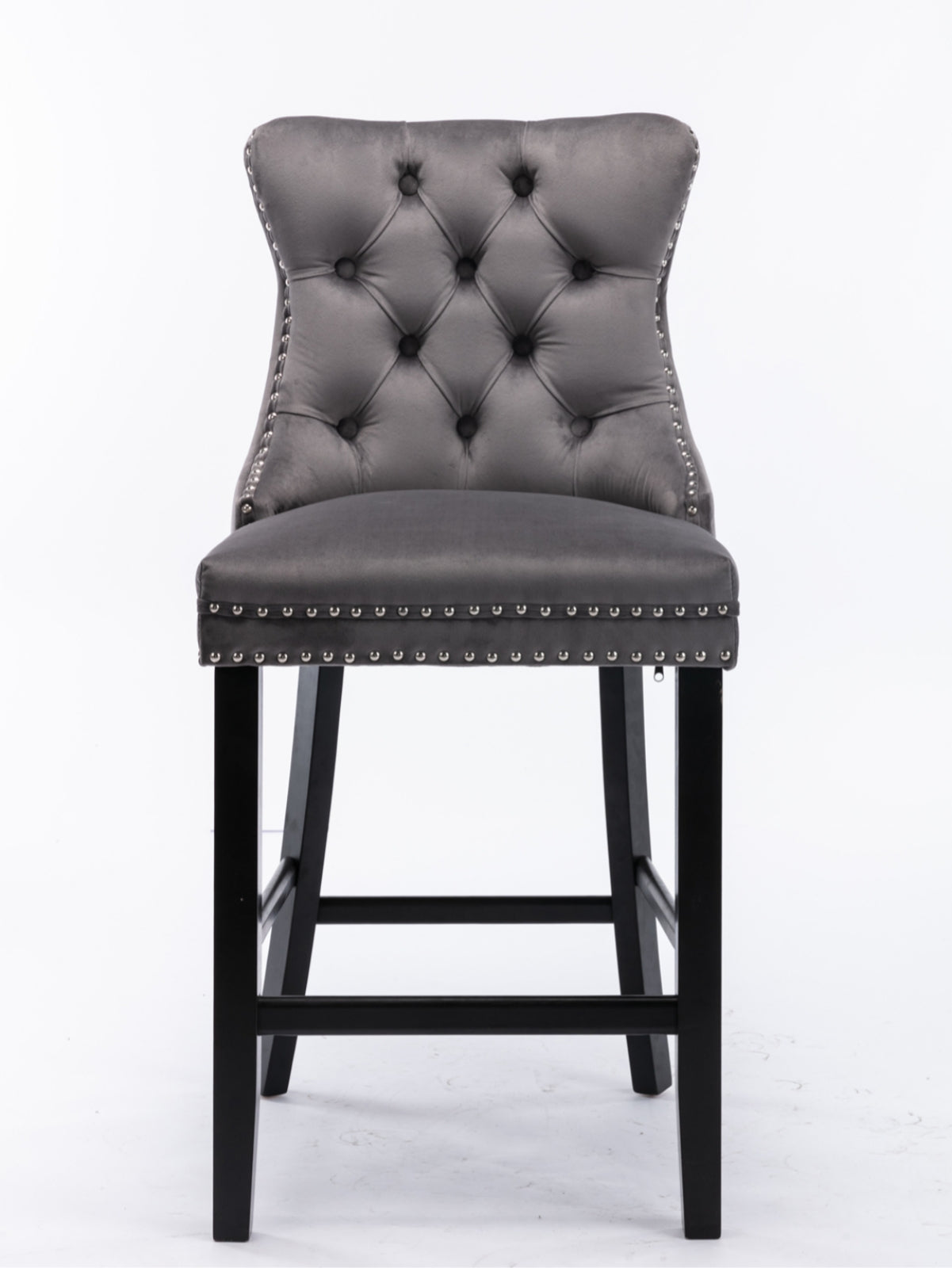 Contemporary Velvet Upholstered Barstools Set of 2 with Button Tufting & Wooden Legs, Gray