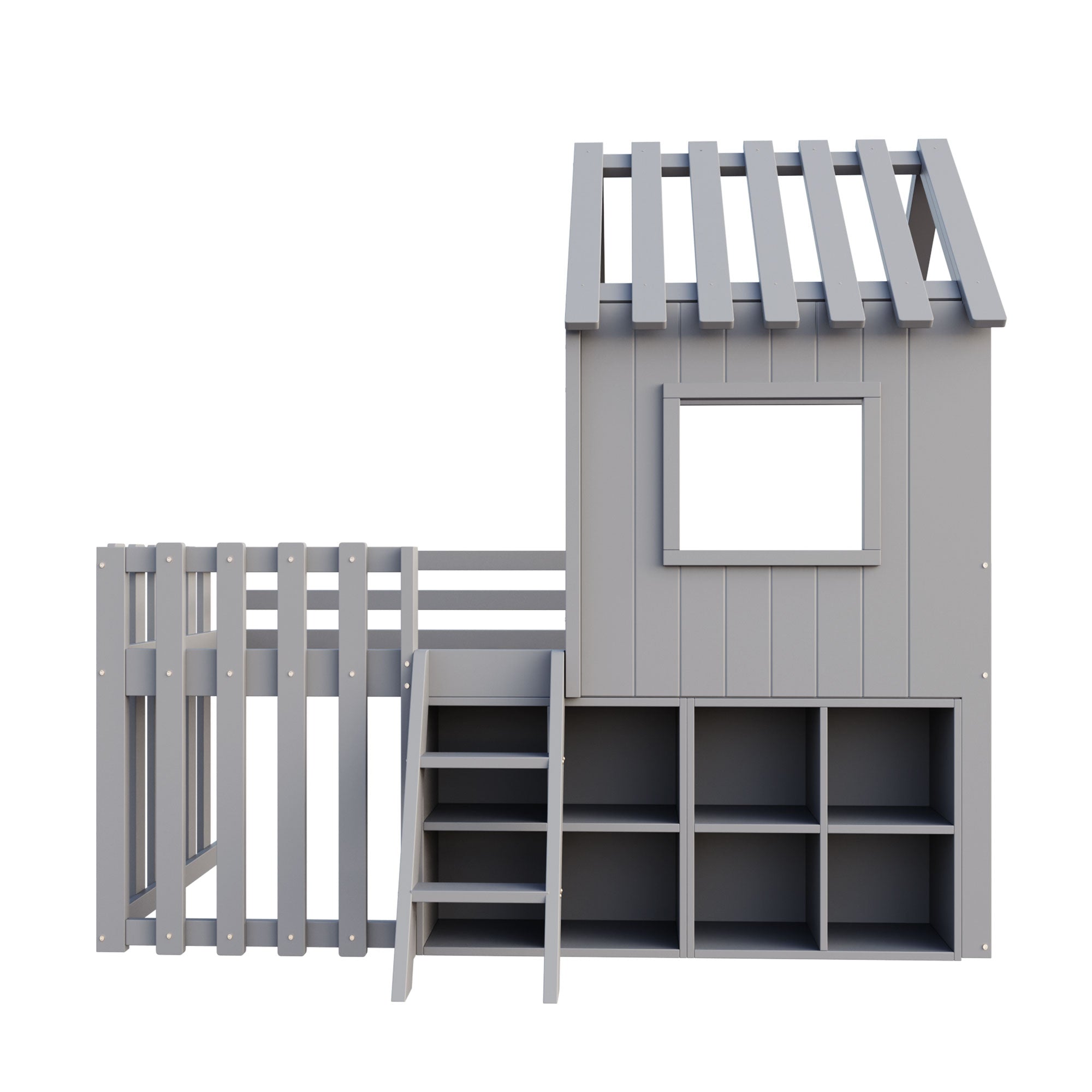 Children's House Bed 90x200, Roof & Window, Open Storage, Climbing Ladder, Solid Wood, Gray