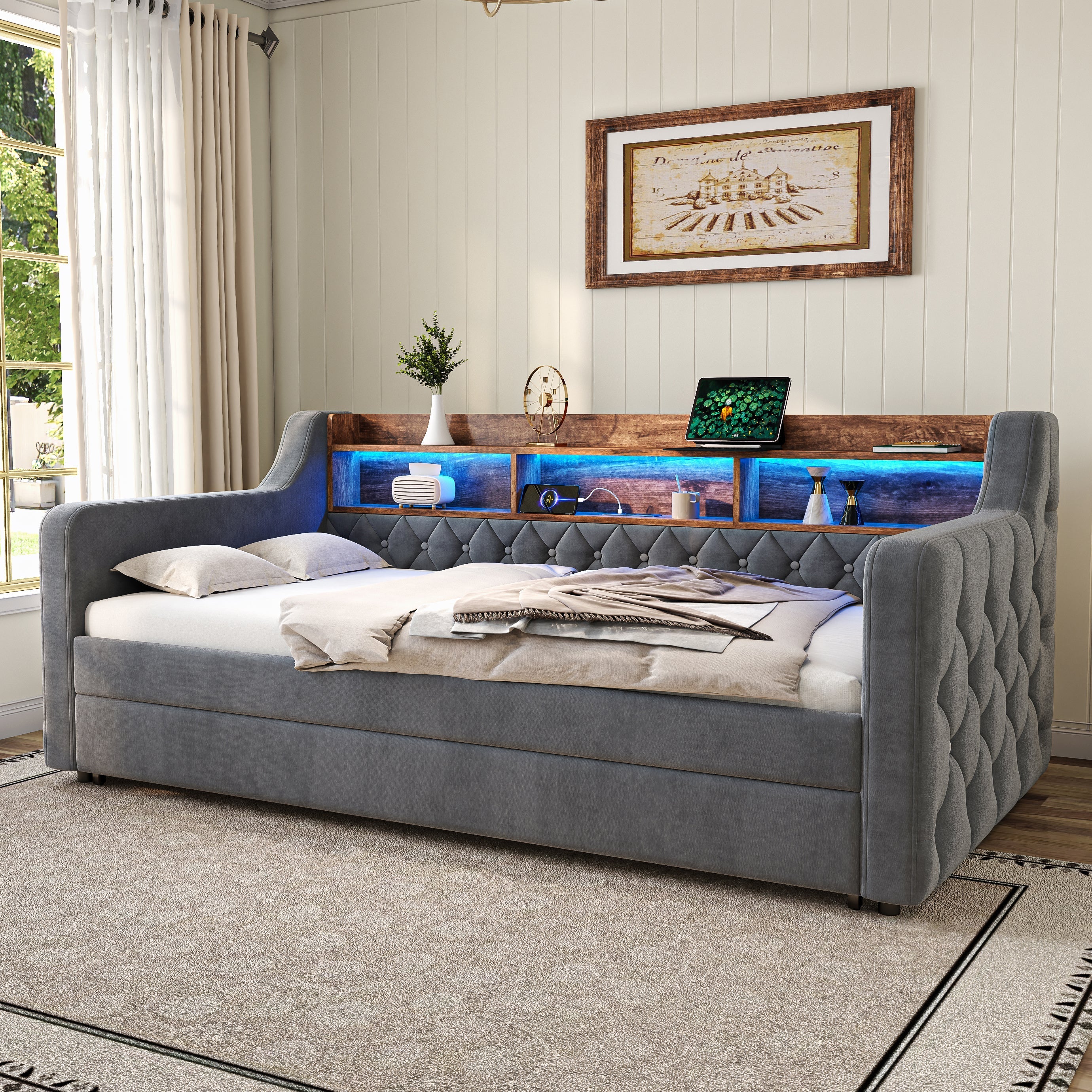 Space-saving Sofa Bed 90x190 cm with Storage, LED Ambiance & USB-C Port, Velvet Gray