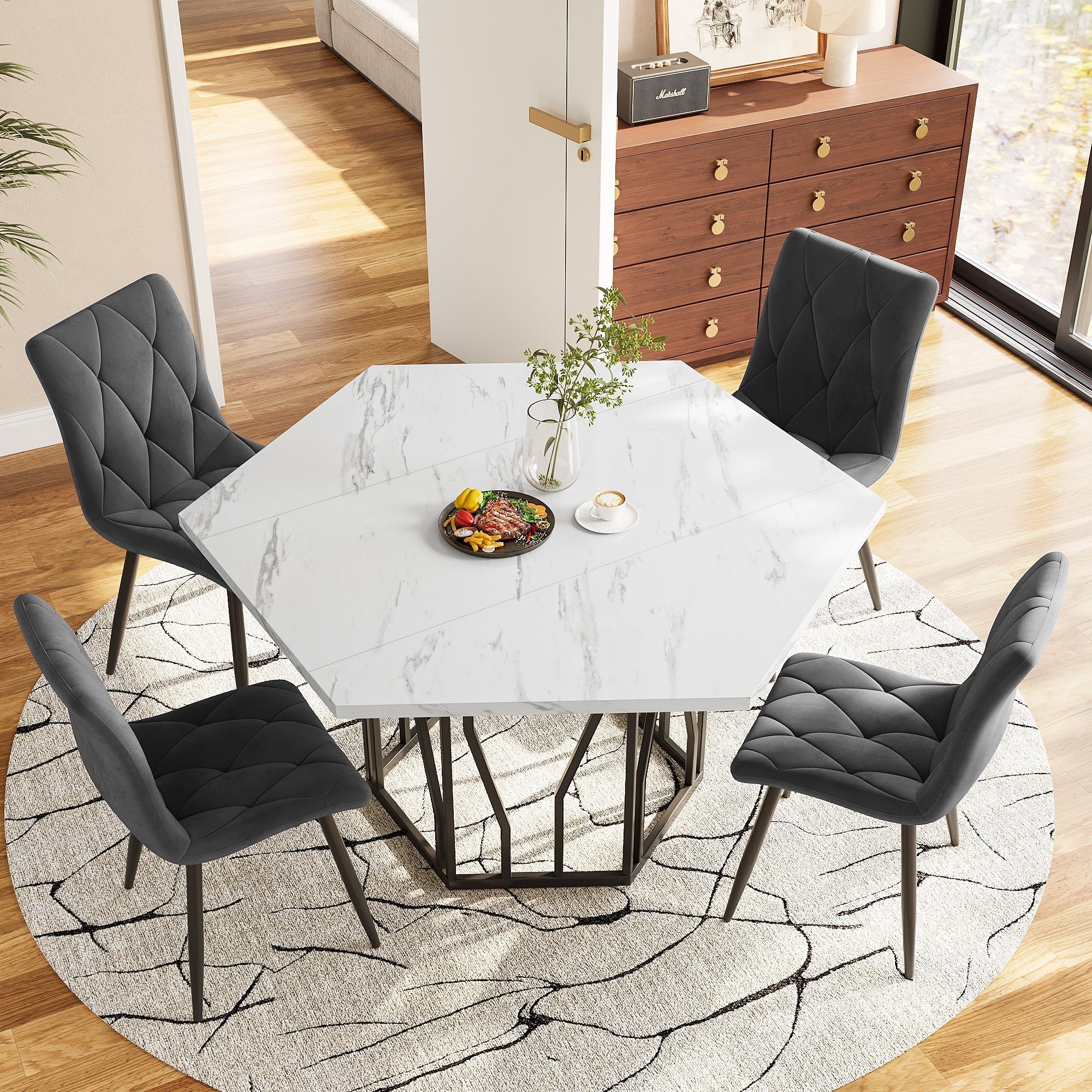 Hexagonal Dining Table Modern Marble Coffee Table Black Metal Base