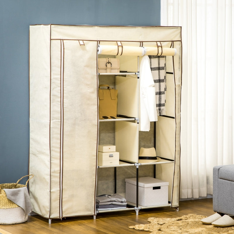 Fabric Wardrobe with Rails and Shelves, Cream White