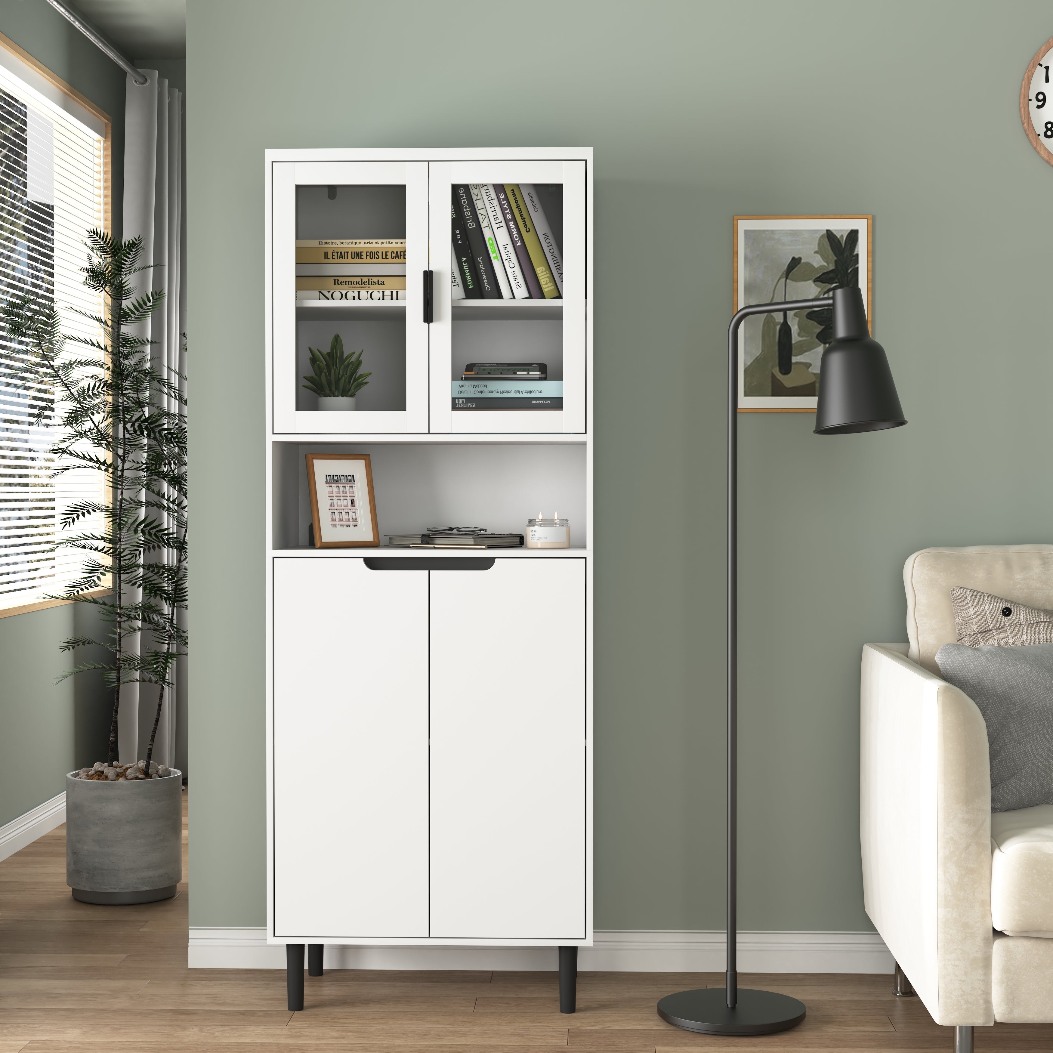Tall Bookcase 4-Door Tempered Glass Adjustable Shelf - White