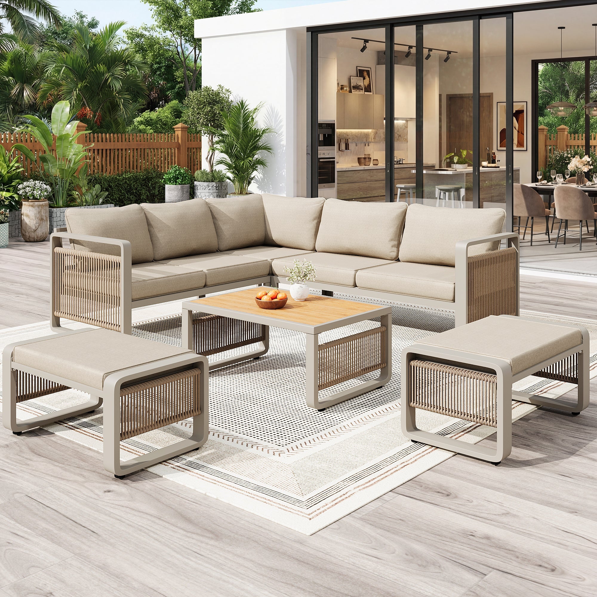 Garden Lounge Chair Set for 6-7 People, Weatherproof Corner Sofa and Lounger, Handwoven Rope and Iron, Beige