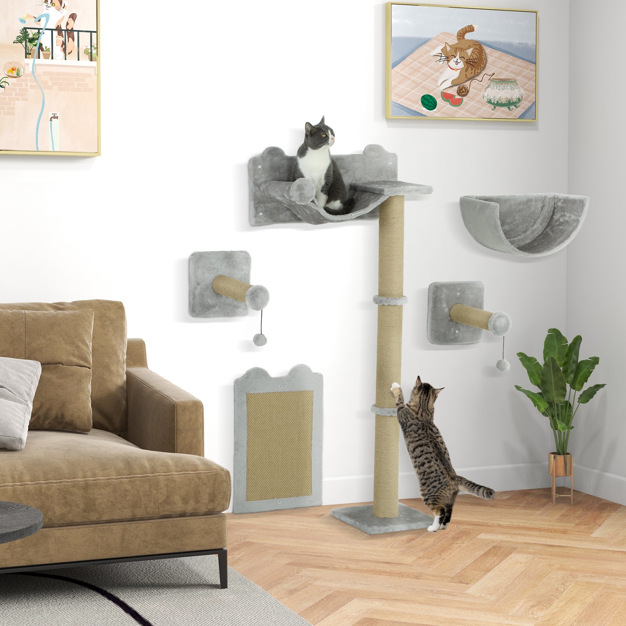 Cat Climbing Wall, 5-Piece, Hammock, Jumping Platform, Light Gray Polyester