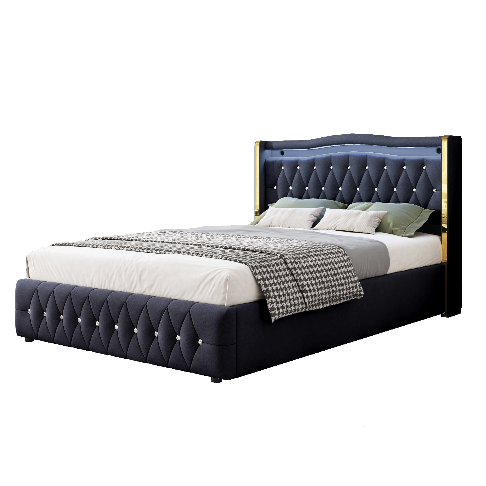 Upholstered Bed, 140x200cm LED Hydraulic Storage, Velvet Black
