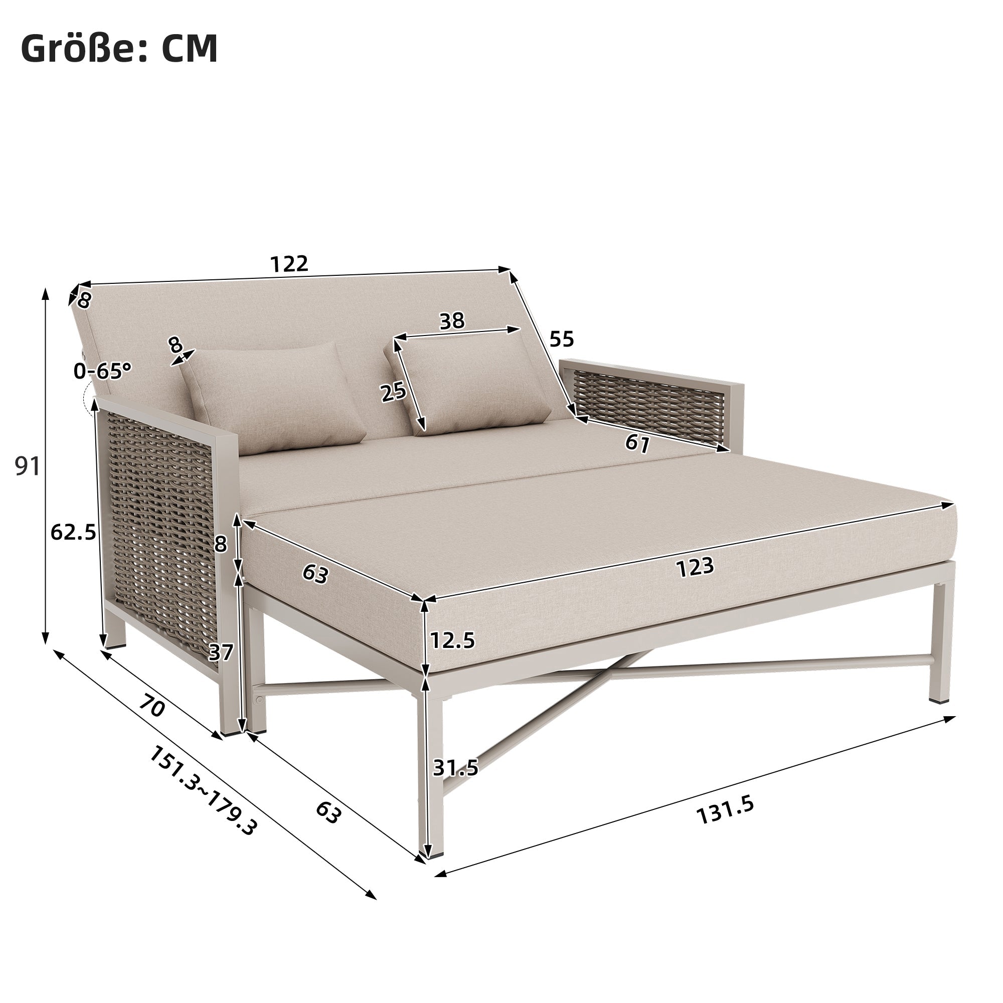 Outdoor Daybed with Adjustable Backrest and Retractable Footrest, Khaki and Beige