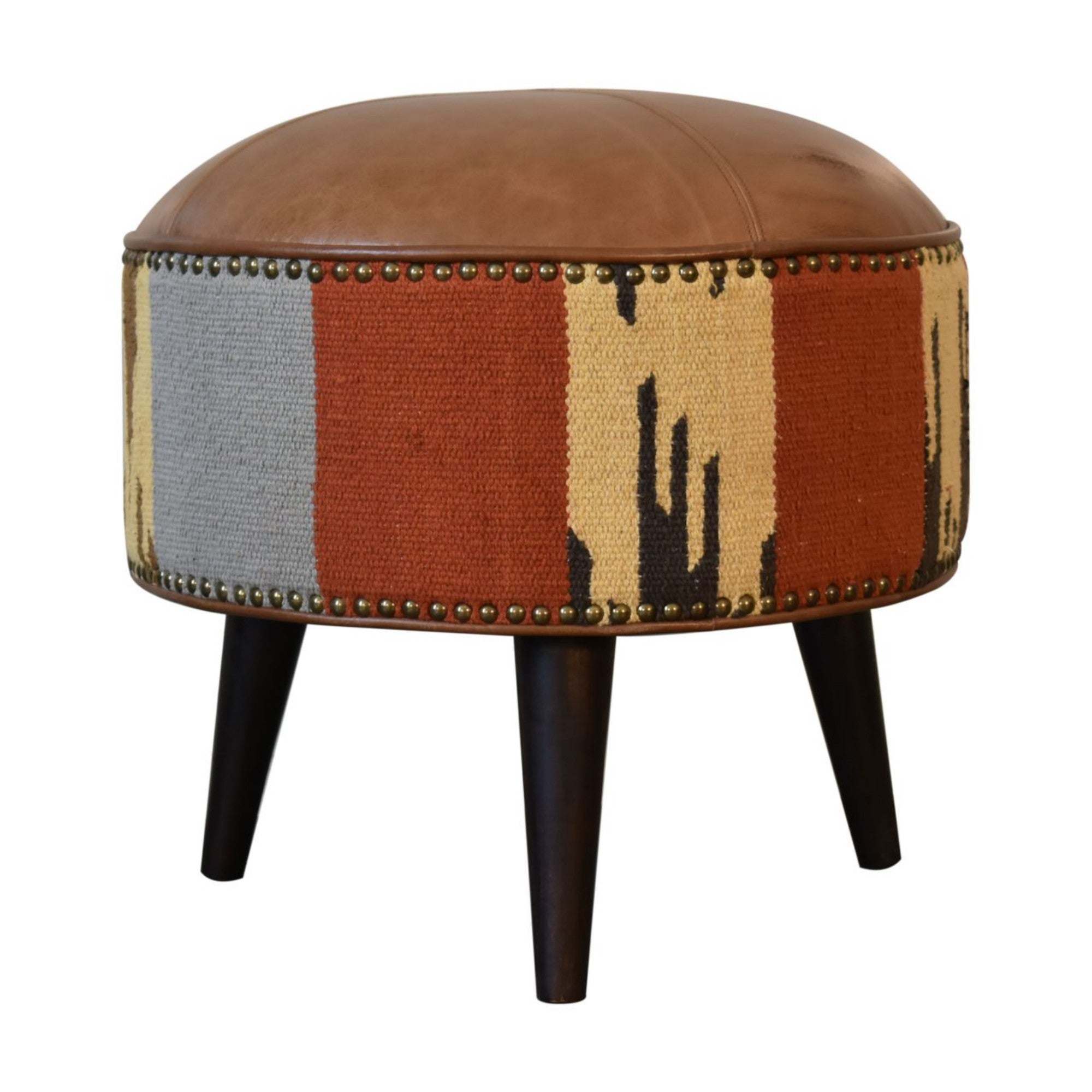 Solid Wood Footstool, Bohemian Durrie and Leather, Multicolor