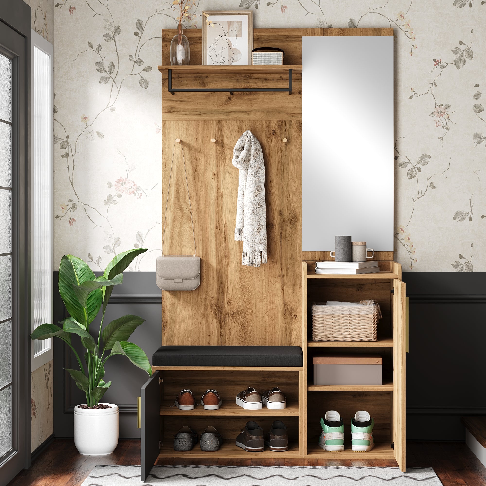 Compact Wardrobe Set, Mirror Bench Shoe Cabinet Hooks, Wood Look