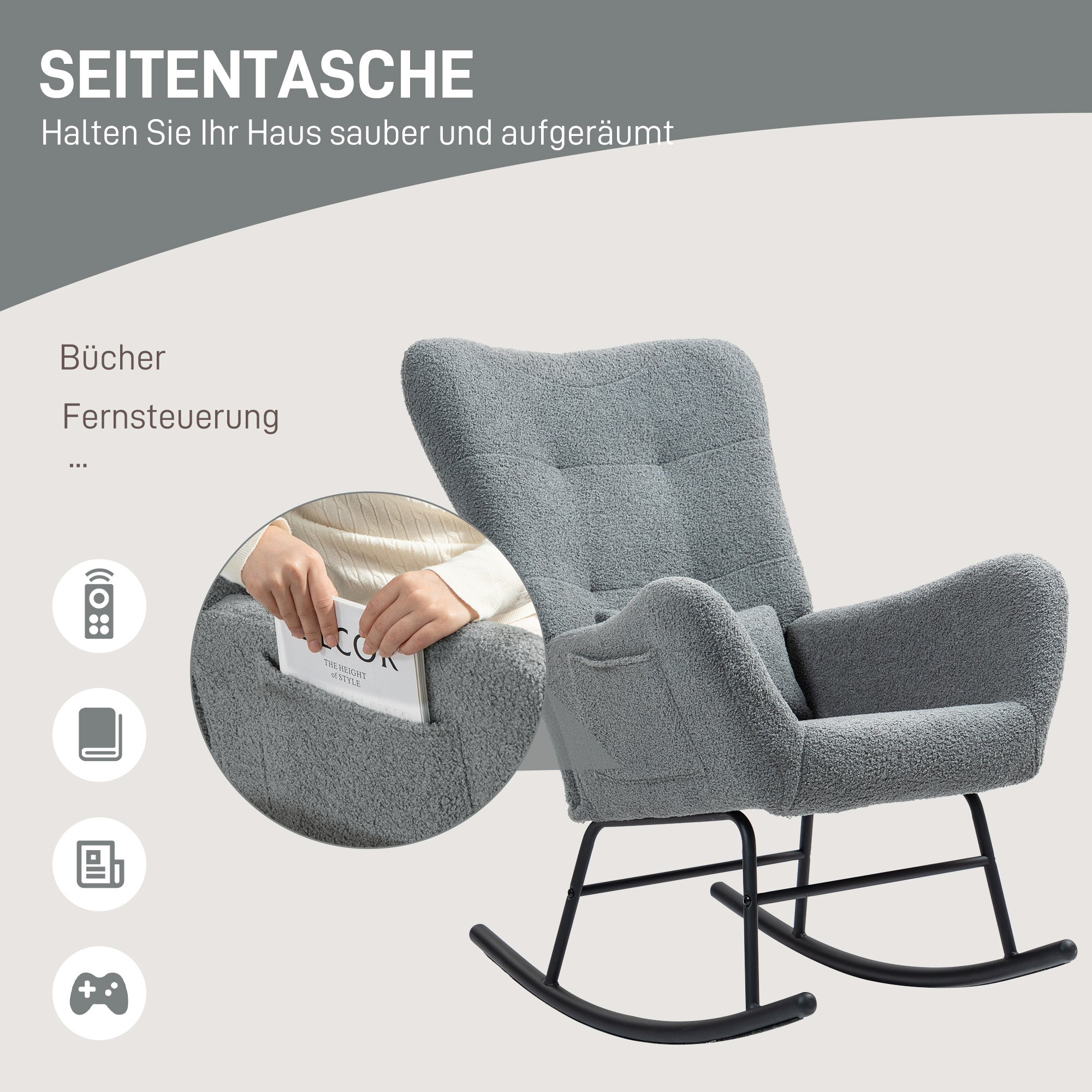 Rocking Chair, Teddy Fabric, Wooden Base, Gray