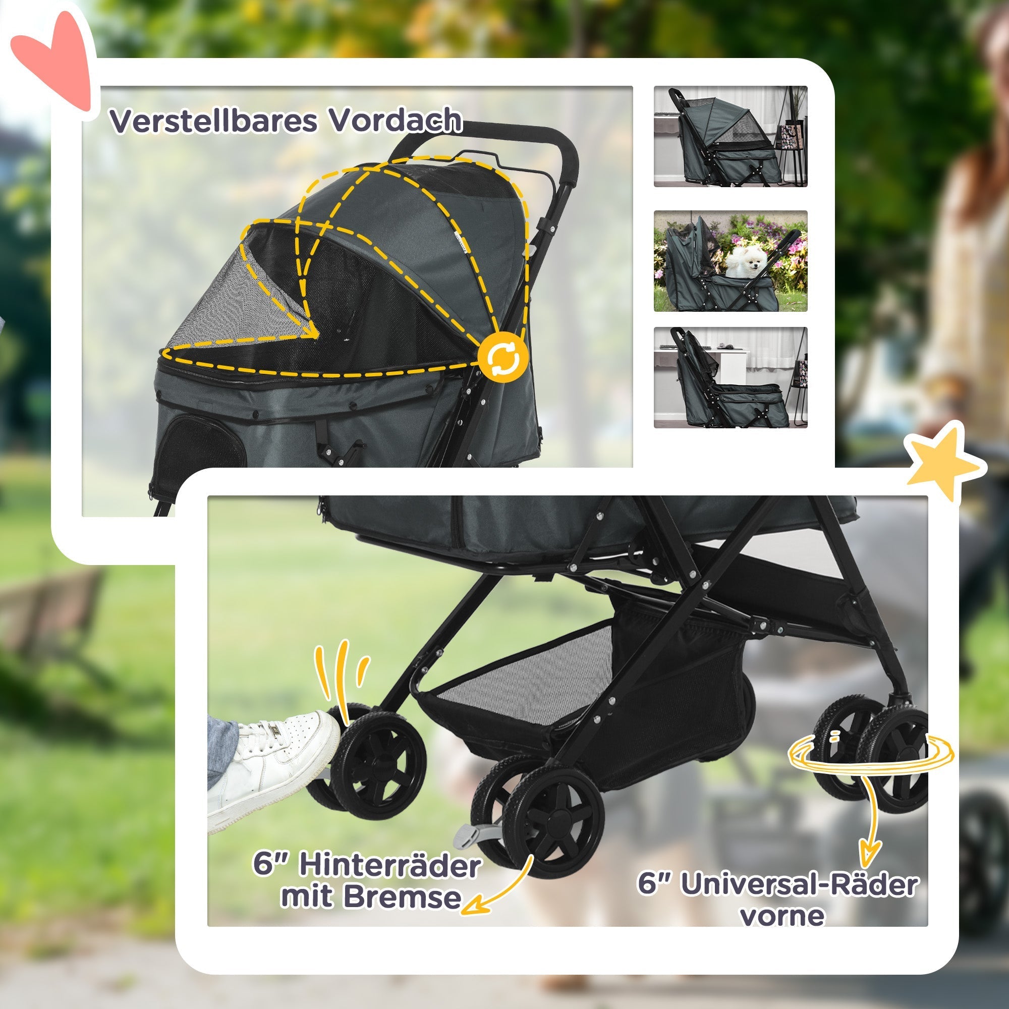 Dog Buggy, Pet Stroller for Small Dogs & Cats, Dark Grey Oxford
