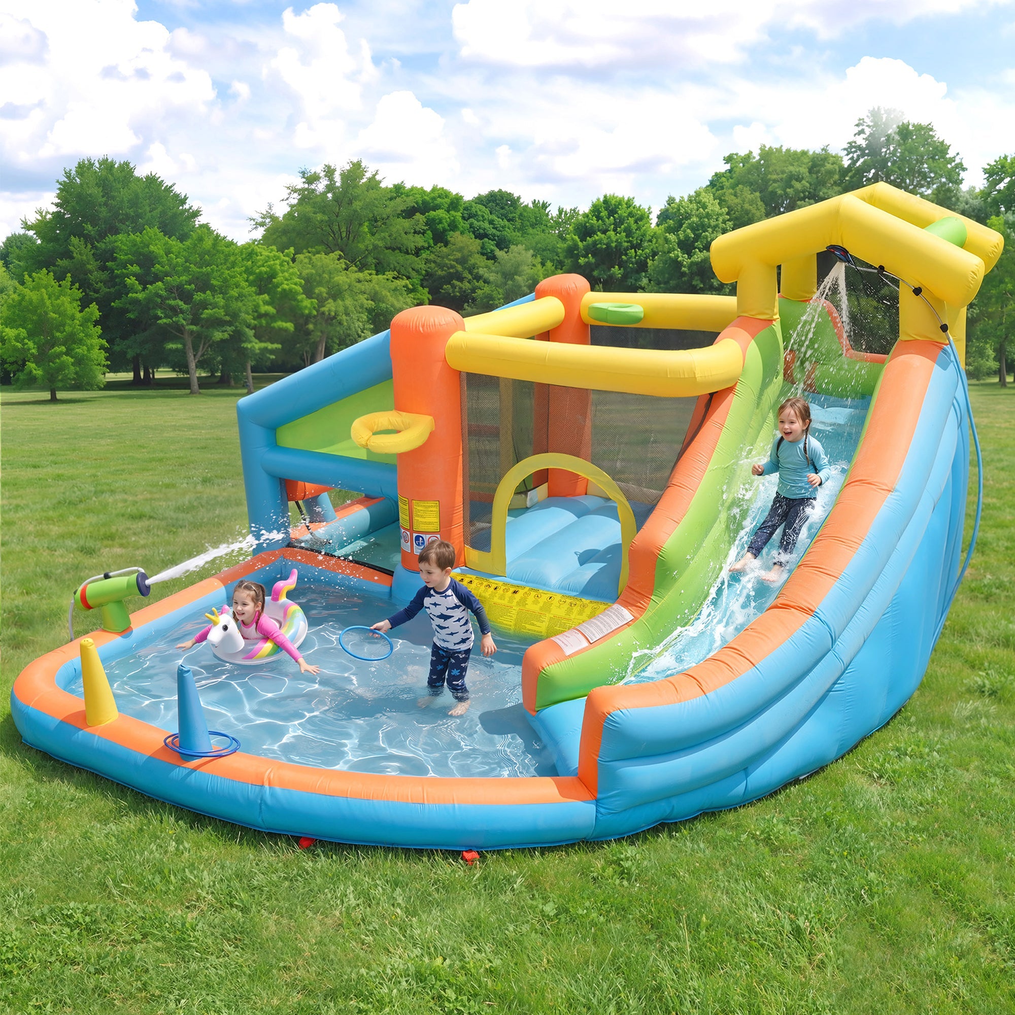 Children's Bouncy Castle and Inflatable Water Park with Blower, Slide and Basketball Hoop, 360x350x210cm, Oxford Fabric