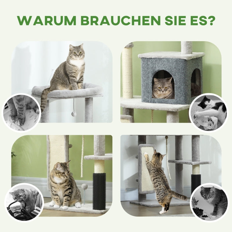 Katzenkratzbaum 132cm, Kratzstämme, Bett, Haus, Plattformen, Fellpflegebürste, Hellgrau