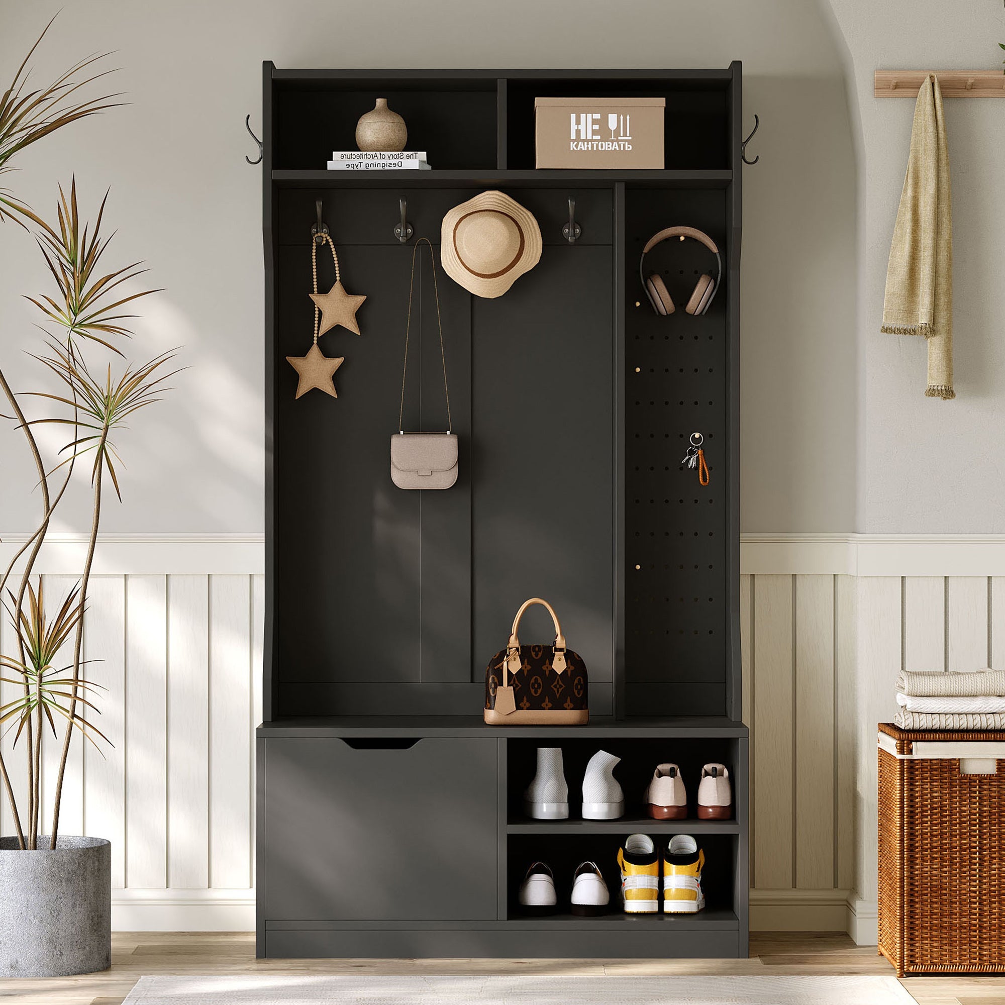 Wardrobe Set Hallway Bench Storage 6 Hooks Black