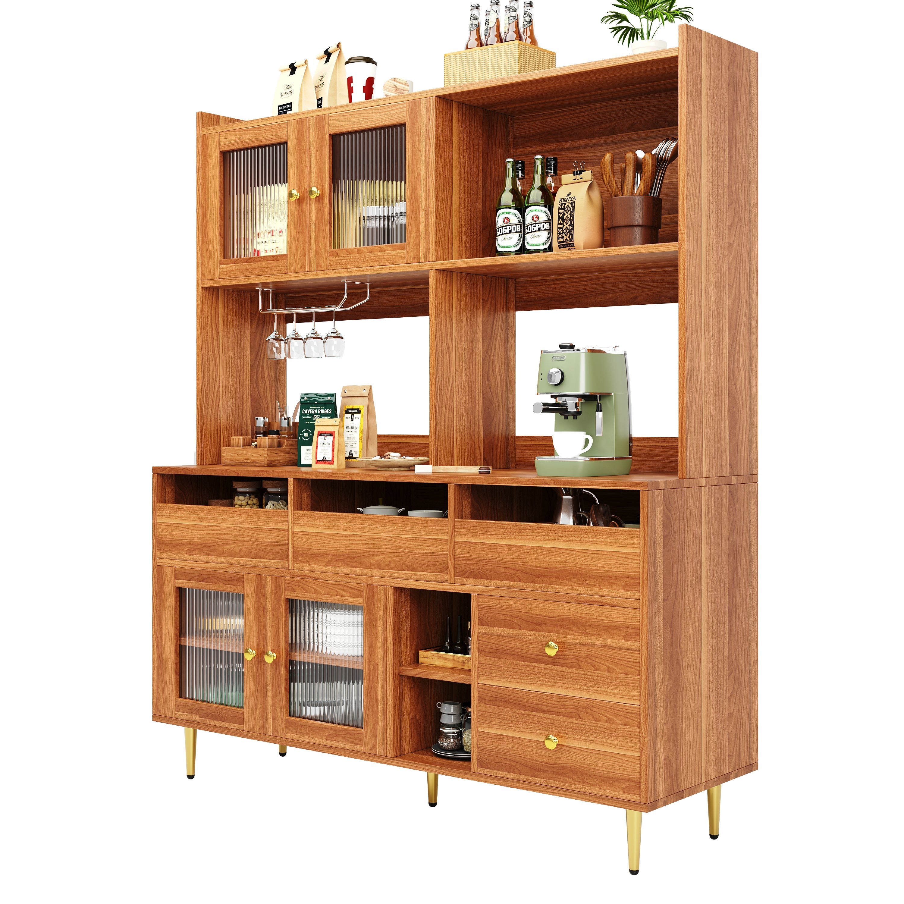 Restaurant Tall Cabinet, Changhong Glass Door Wine Rack Storage, Wooden/Gold