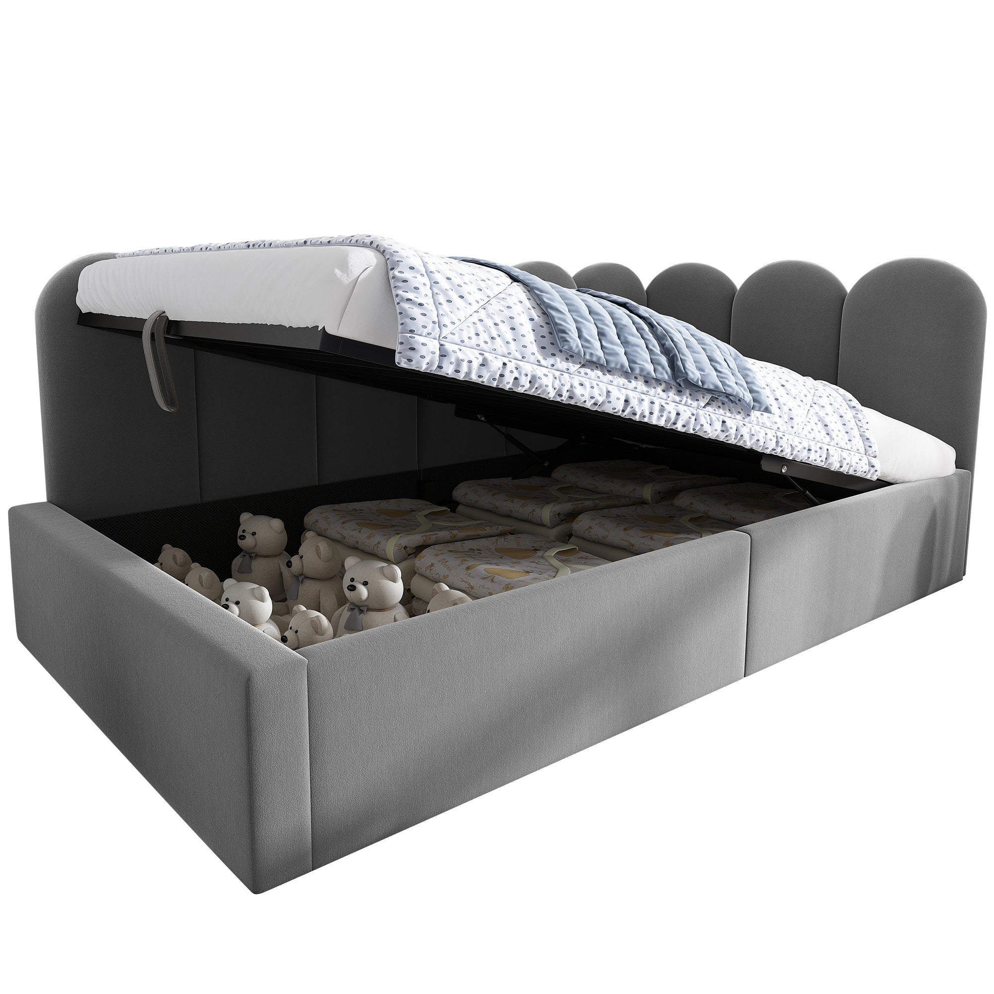 Upholstered Daybed 90x200cm with Hydraulic Storage and Metal Slatted Base, Grey Velvet