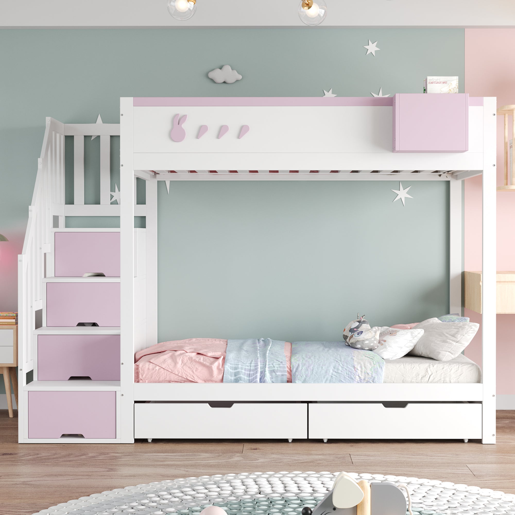 Children's Bunk Bed 90x200cm Rabbit & Carrot Motif Storage Ladder Drawers, White & Pink