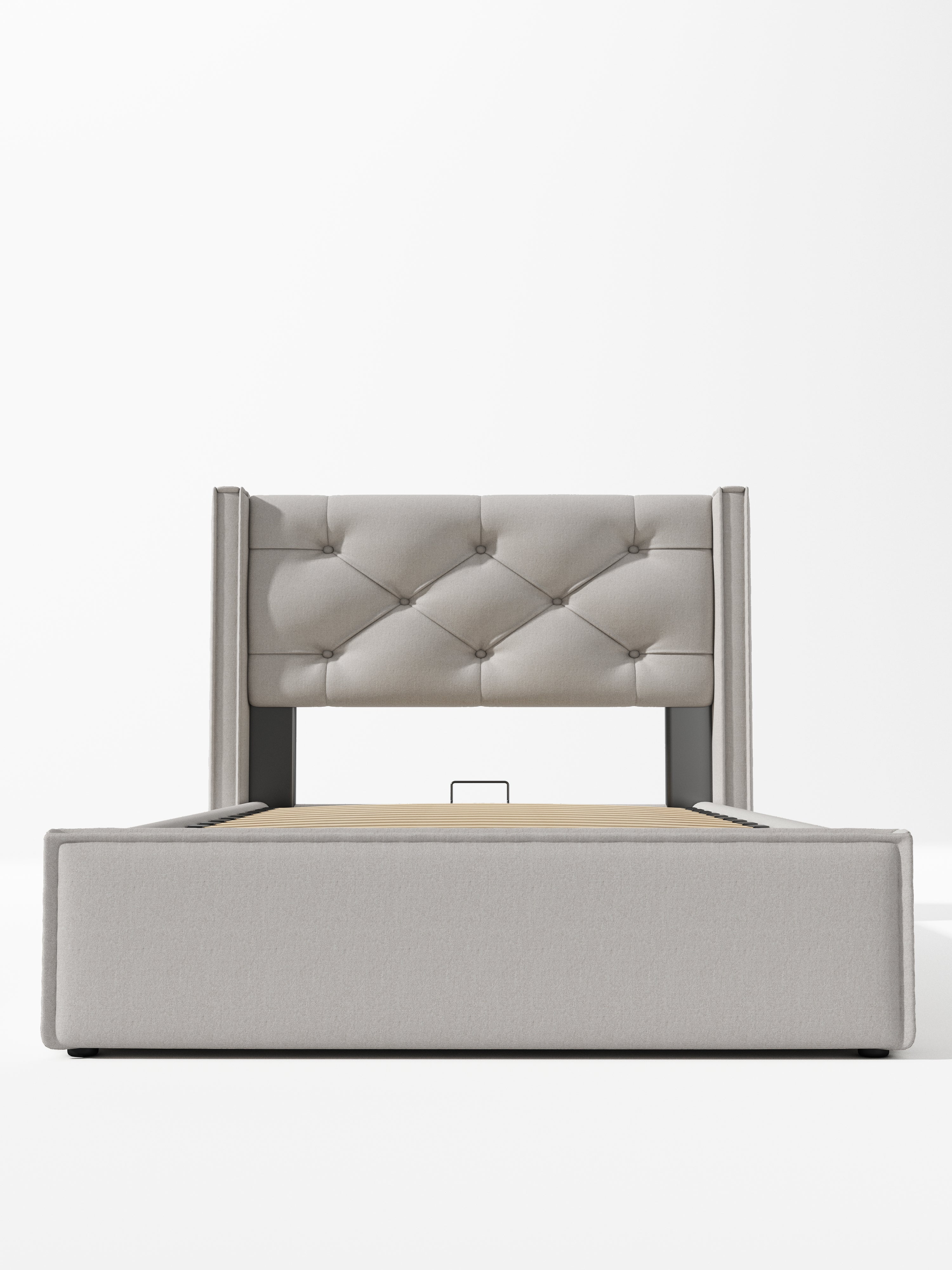Hydraulic Single Upholstered Bed, 90x200cm, Metal Slatted Frame, Light Gray Cotton