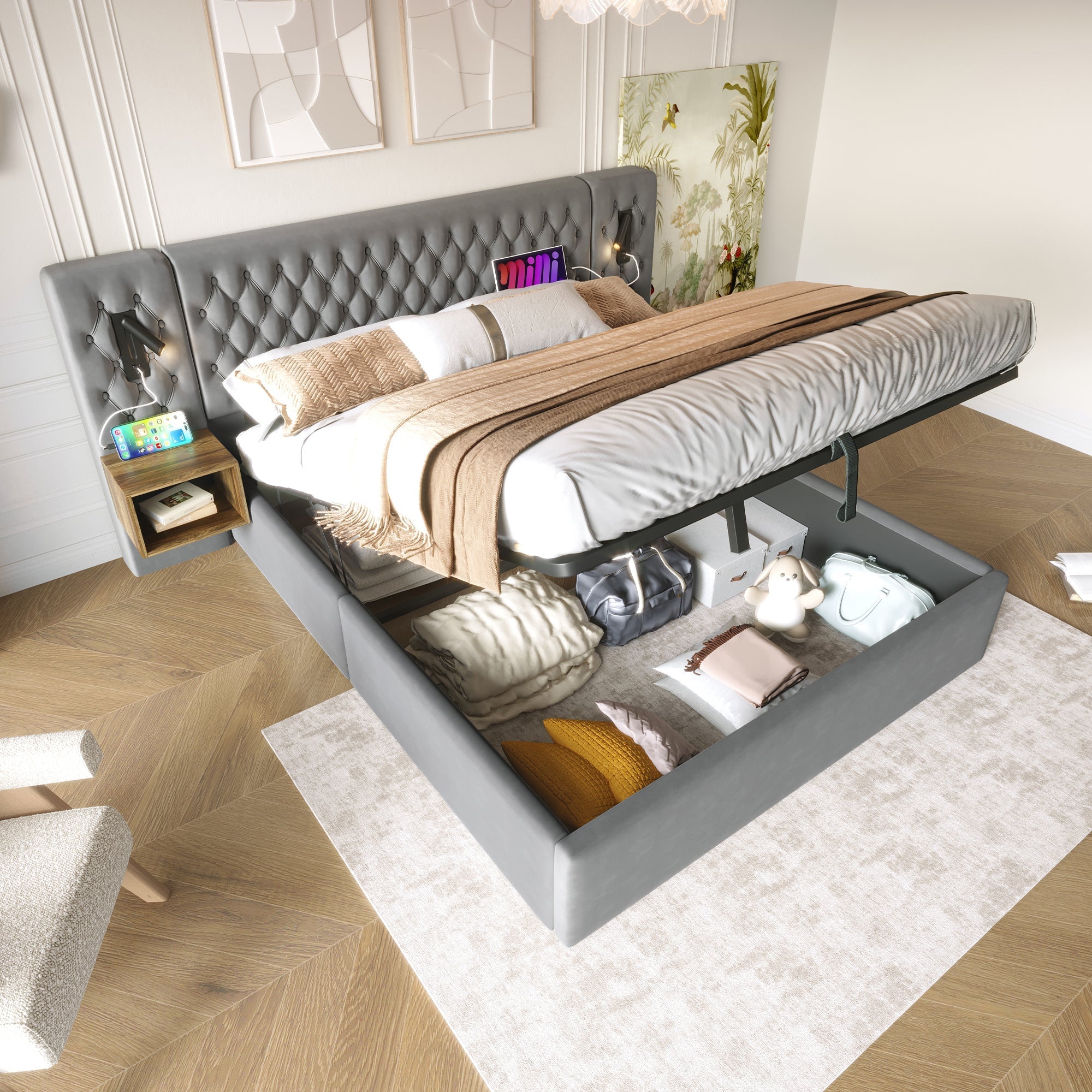 Bedroom Set, Upholstered Hydraulic Storage Double Bed 180x200cm with 2 Nightstands & Headboard Reading Light with USB, Gray Velvet