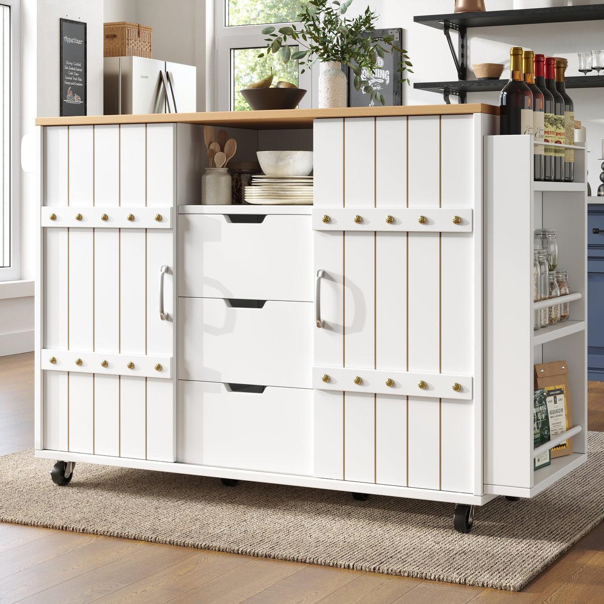 Kitchen Island Serving Cart with Wheels, Worktop, Sliding Doors & Drawers - White