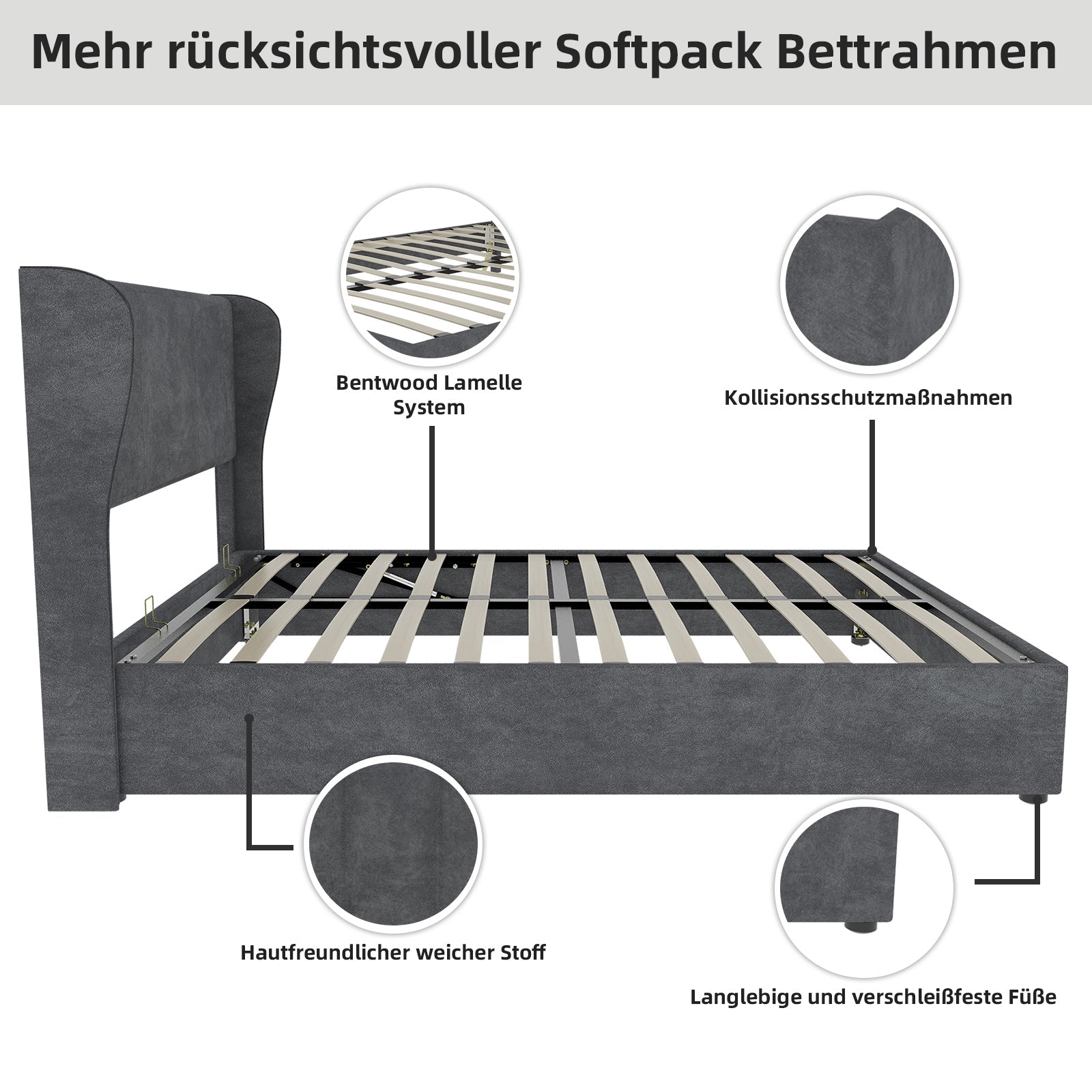Upholstered Bed, Modern Minimalist with Gas Lift Storage, Grey