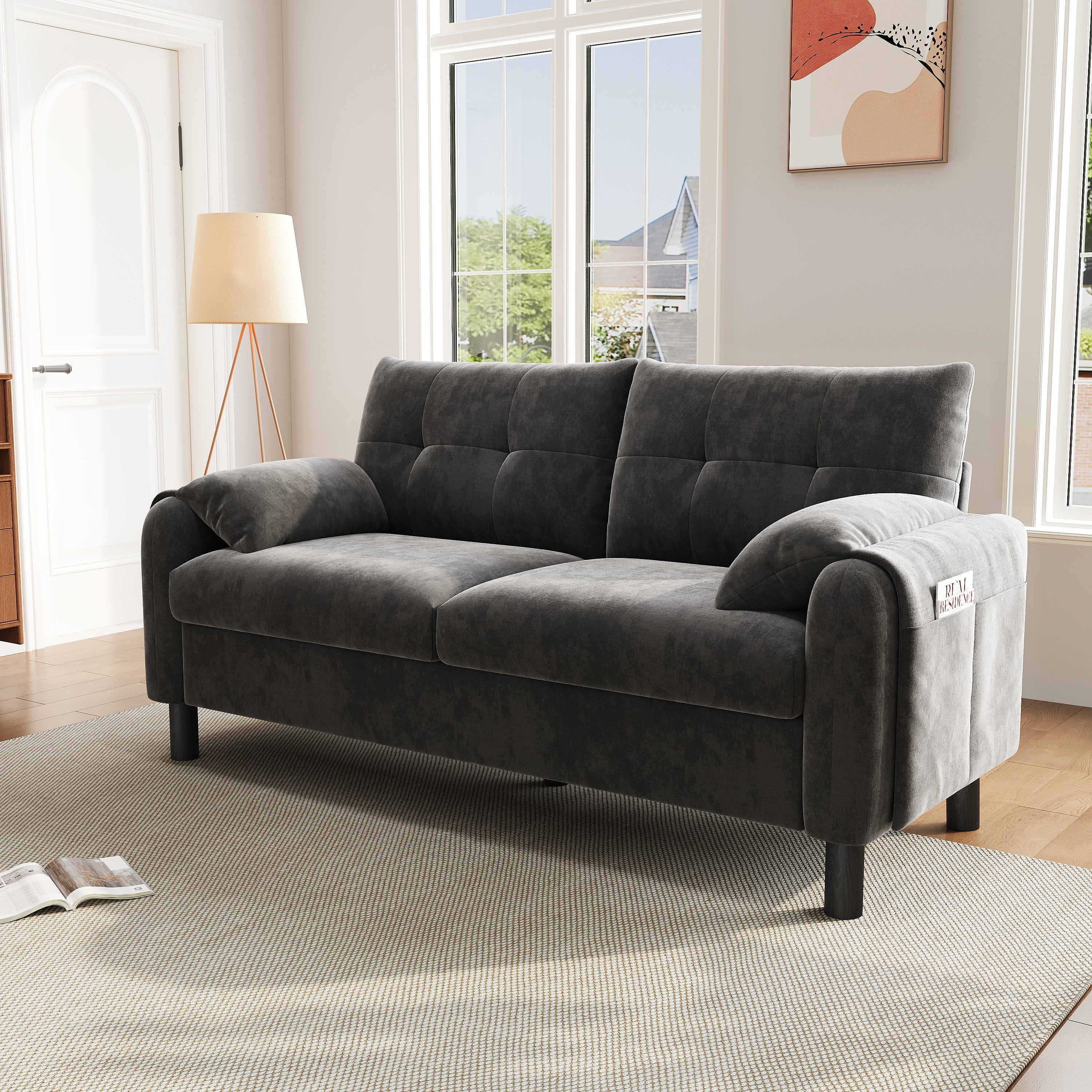 Modern 2-Seater Sofa, Thick Cushions, Scandinavian Design, Chenille Gray