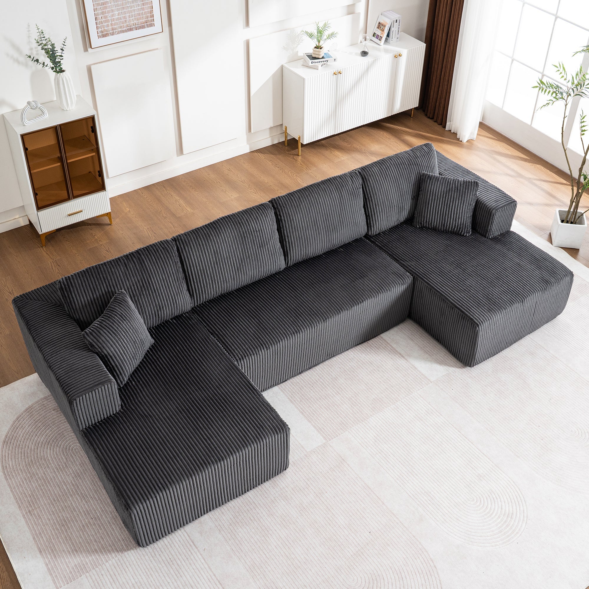 Modern U-Type Leisure Sofa with Modular Design and Lounge Chairs, Lamp Fabric