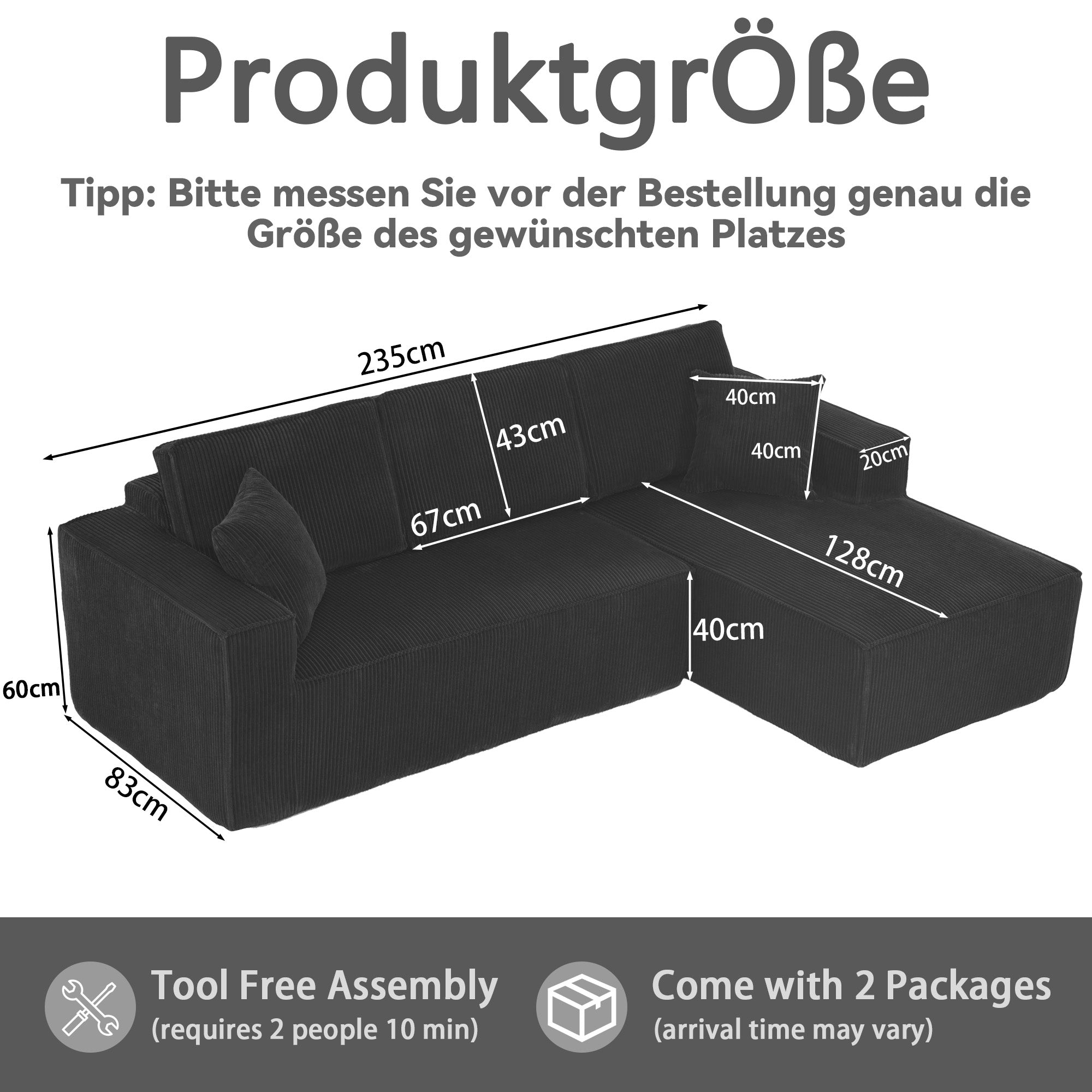 Modular Corner Sofa L-shaped Chaise Lounge High-Density Foam Corduroy Black