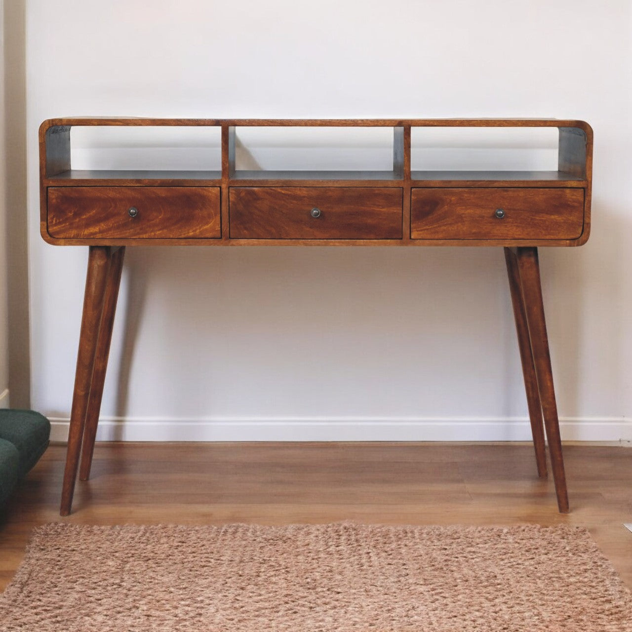 Triple Curved Console Table, Chestnut Wood