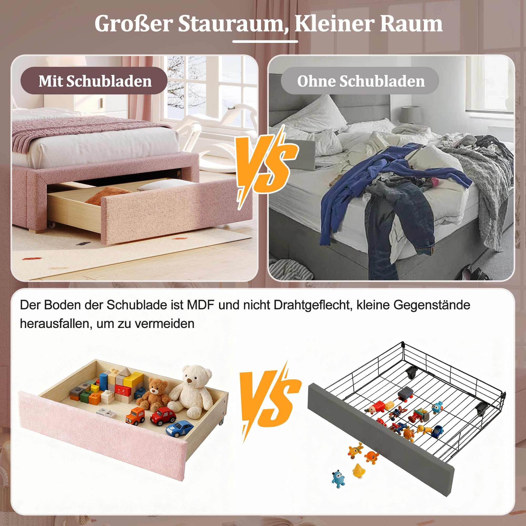 Upholstered Bed, Single/Children's Functional with Storage, Pink Chenille