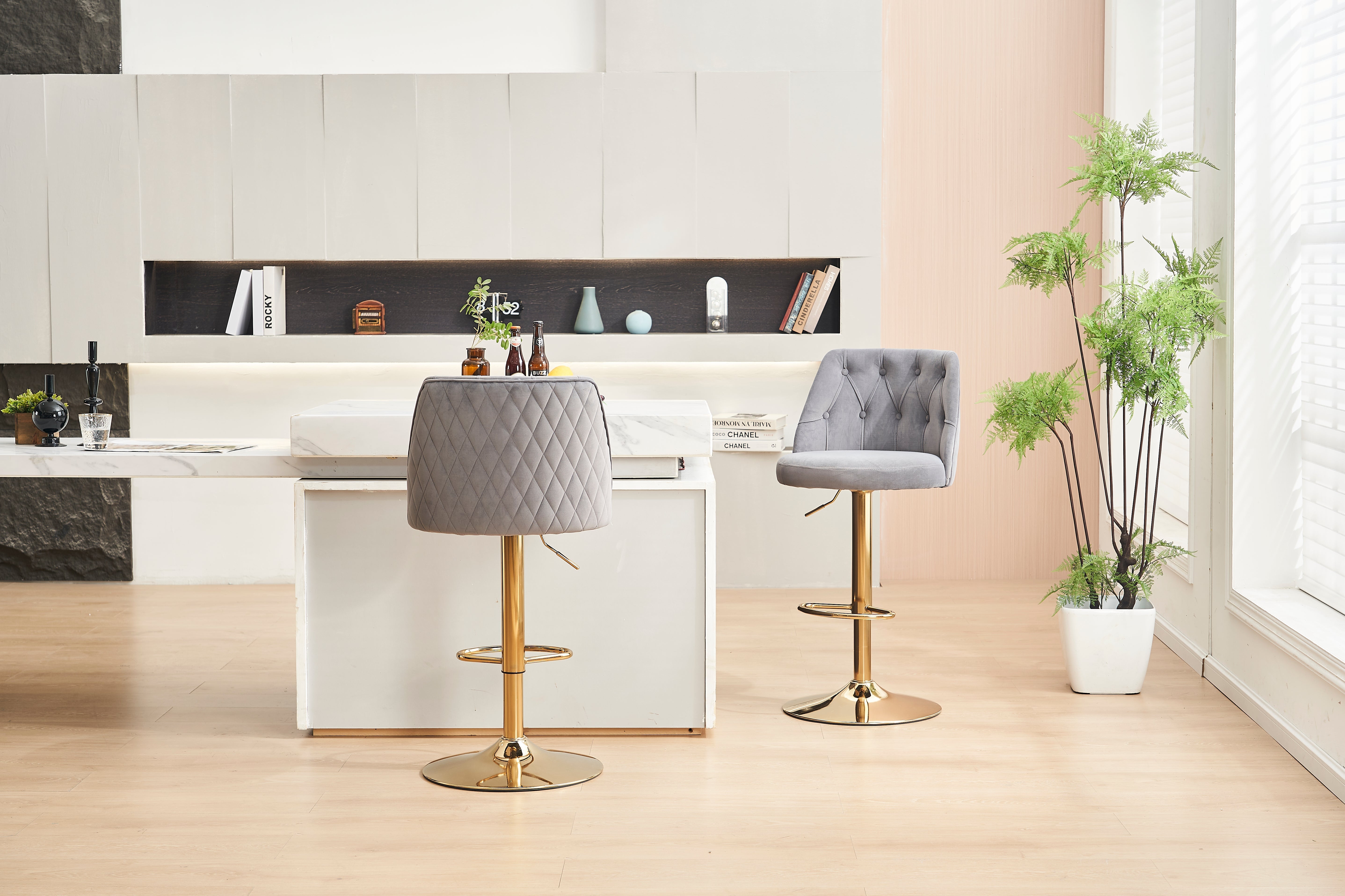 Modern Bar Stool Adjustable Height Tufted Backrest Footrest Set of 2, Velvet Grey