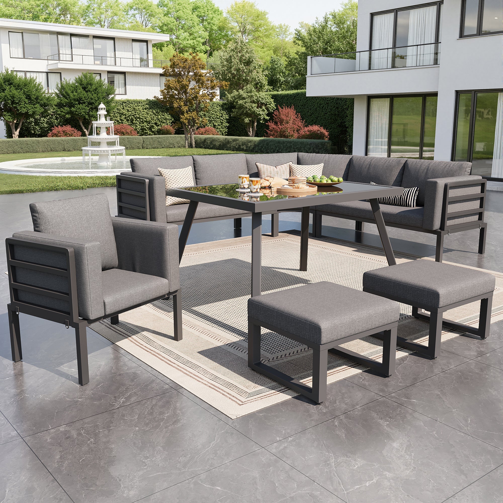 Garden Sofa Set Crescent 8-Person with Glass Table Weatherproof - Grey Cushions