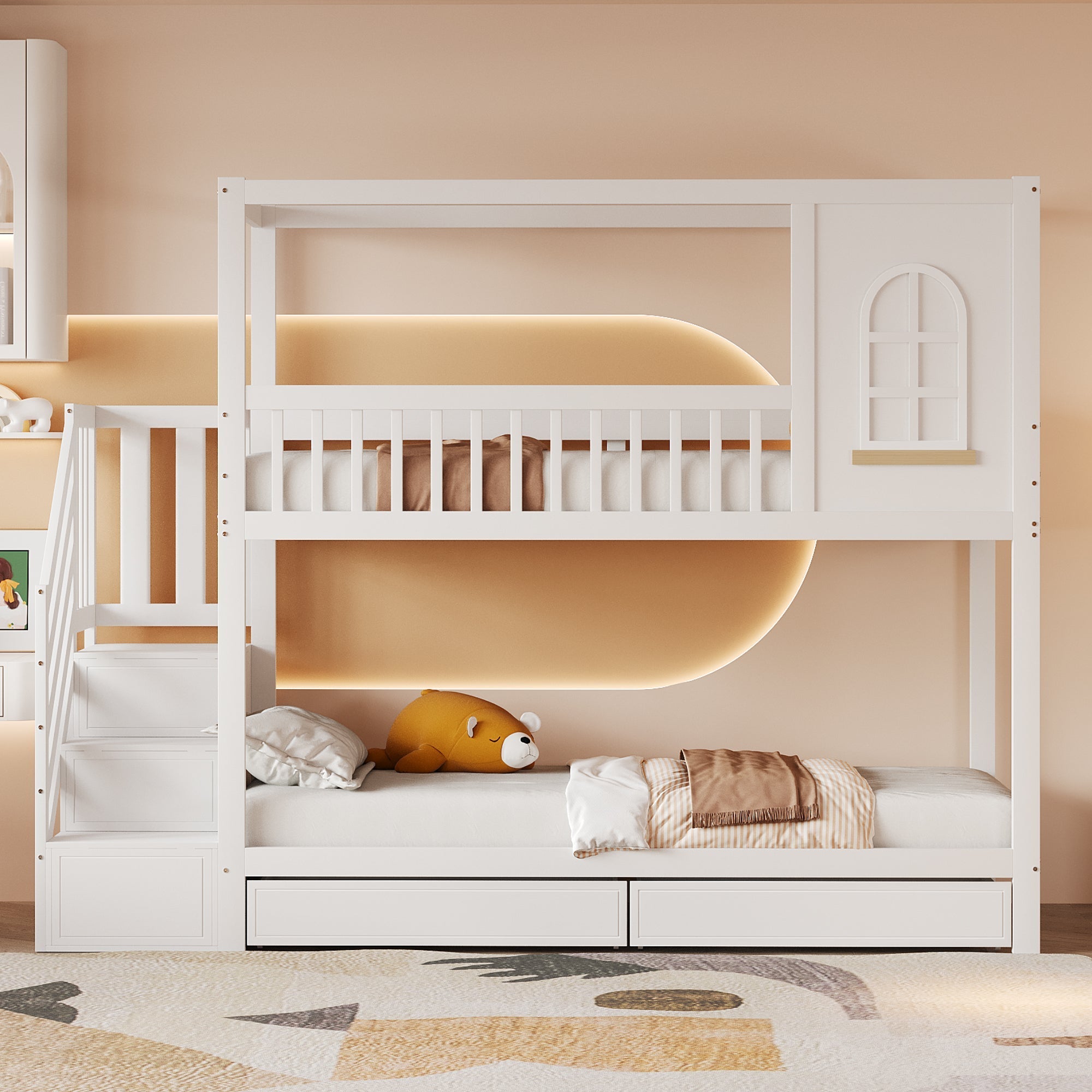 Bunk Bed 90x200cm House Design Drawers Ladder Solid Wood - White