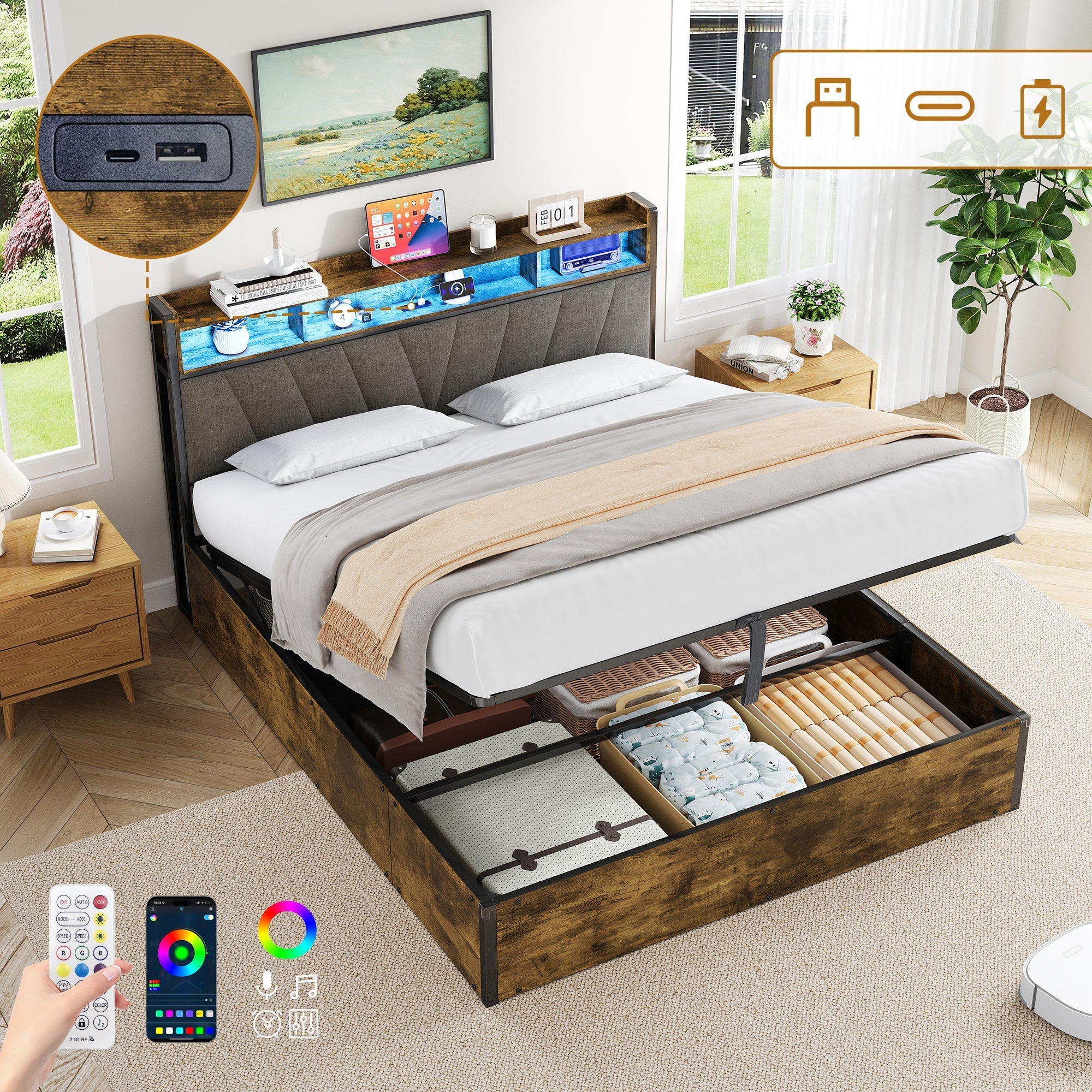 Double Bed Frame with Hydraulic Storage, LED Headboard, Black+Walnut