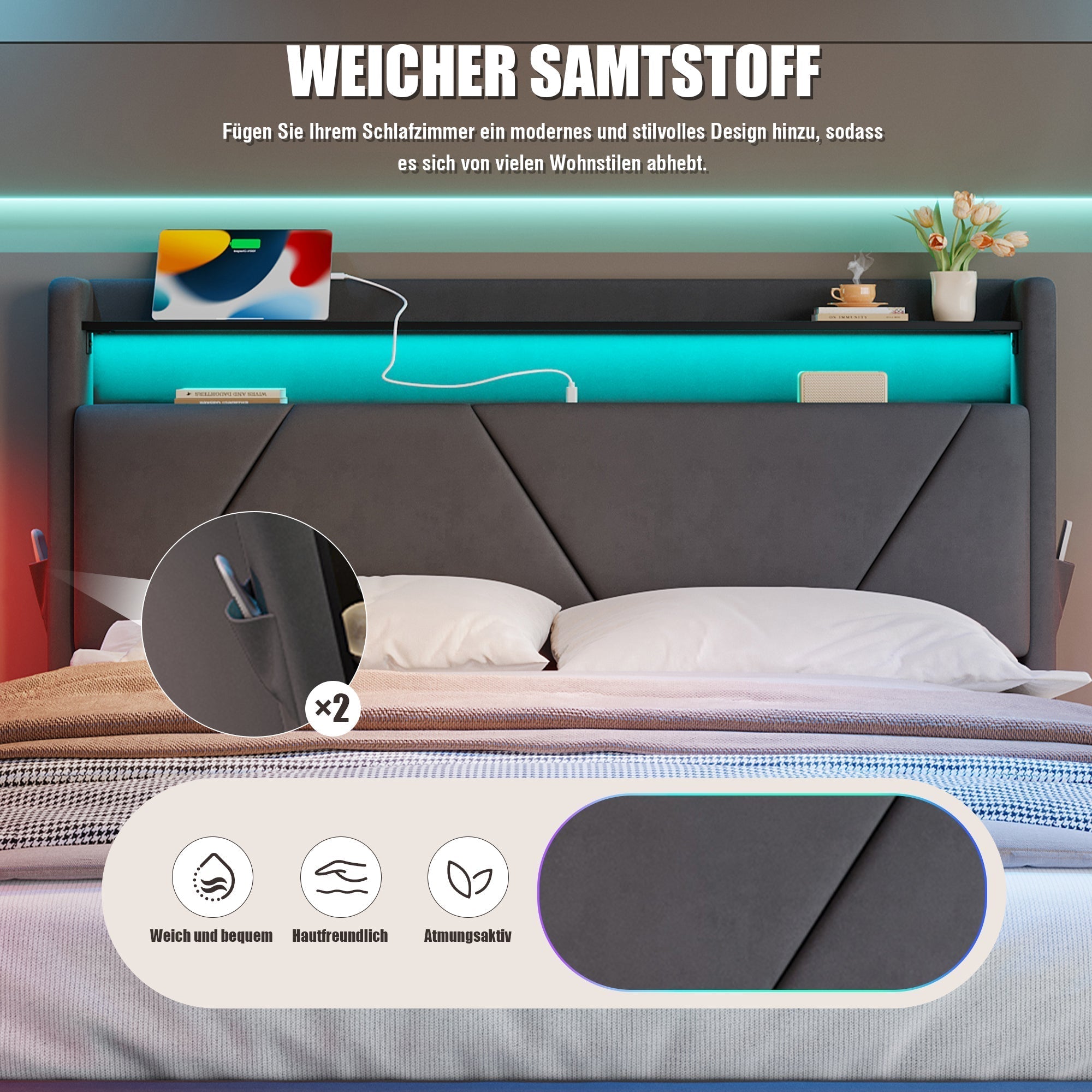 Modern Upholstered Bed 140x200cm LED Storage USB Ports Gas Spring Slatted Base Fabric