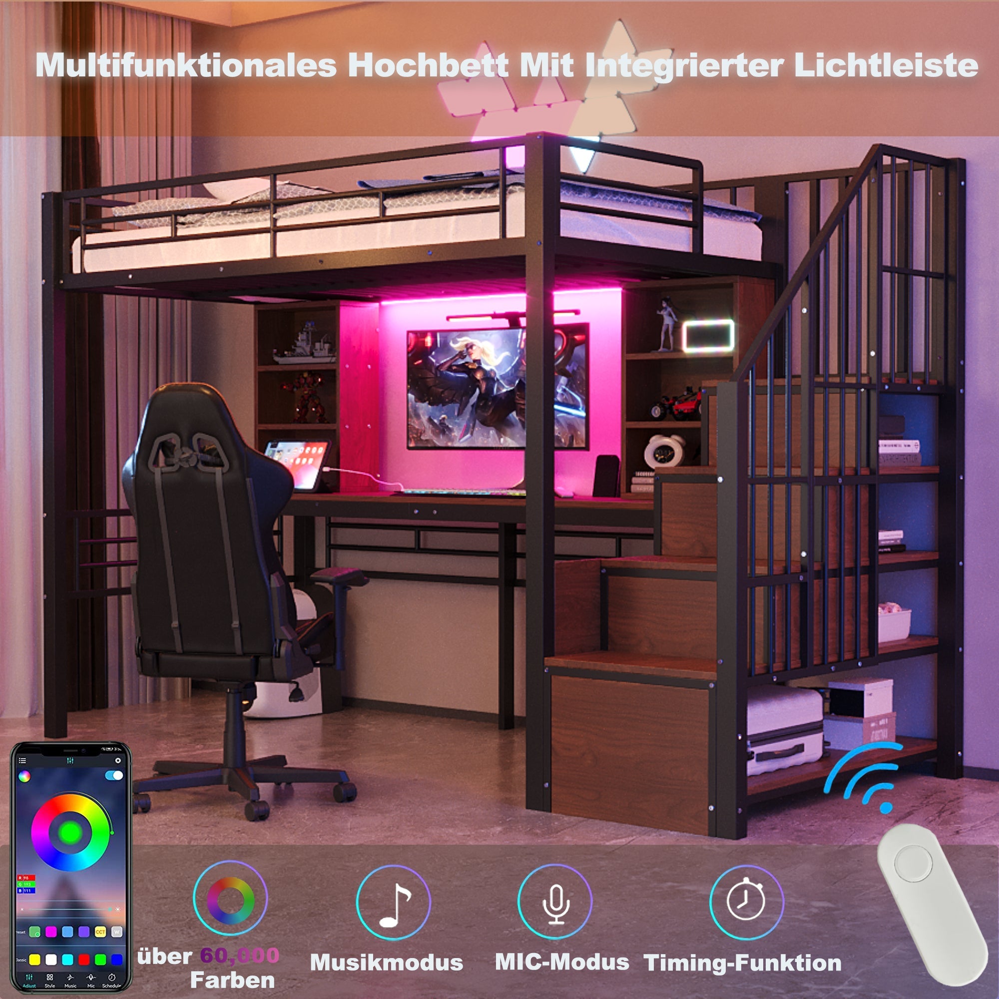 Loft Bed with Desk, Storage Stairs, LED and Socket, 90x200cm, Black Iron