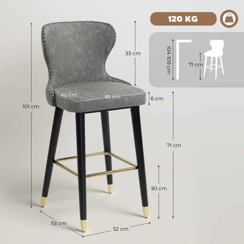Bar Stools Set of 2 with Back, Footrest and Wood Legs for Kitchen Counter, PU Leather Grey