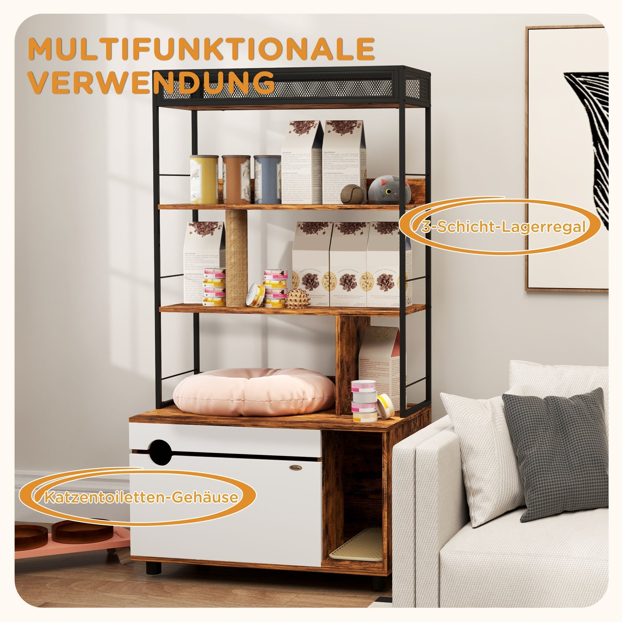 Katzenklo-Schrank, 2-in-1, 3-stöckiges Regal, Kratzbaum, Rustikales Braun