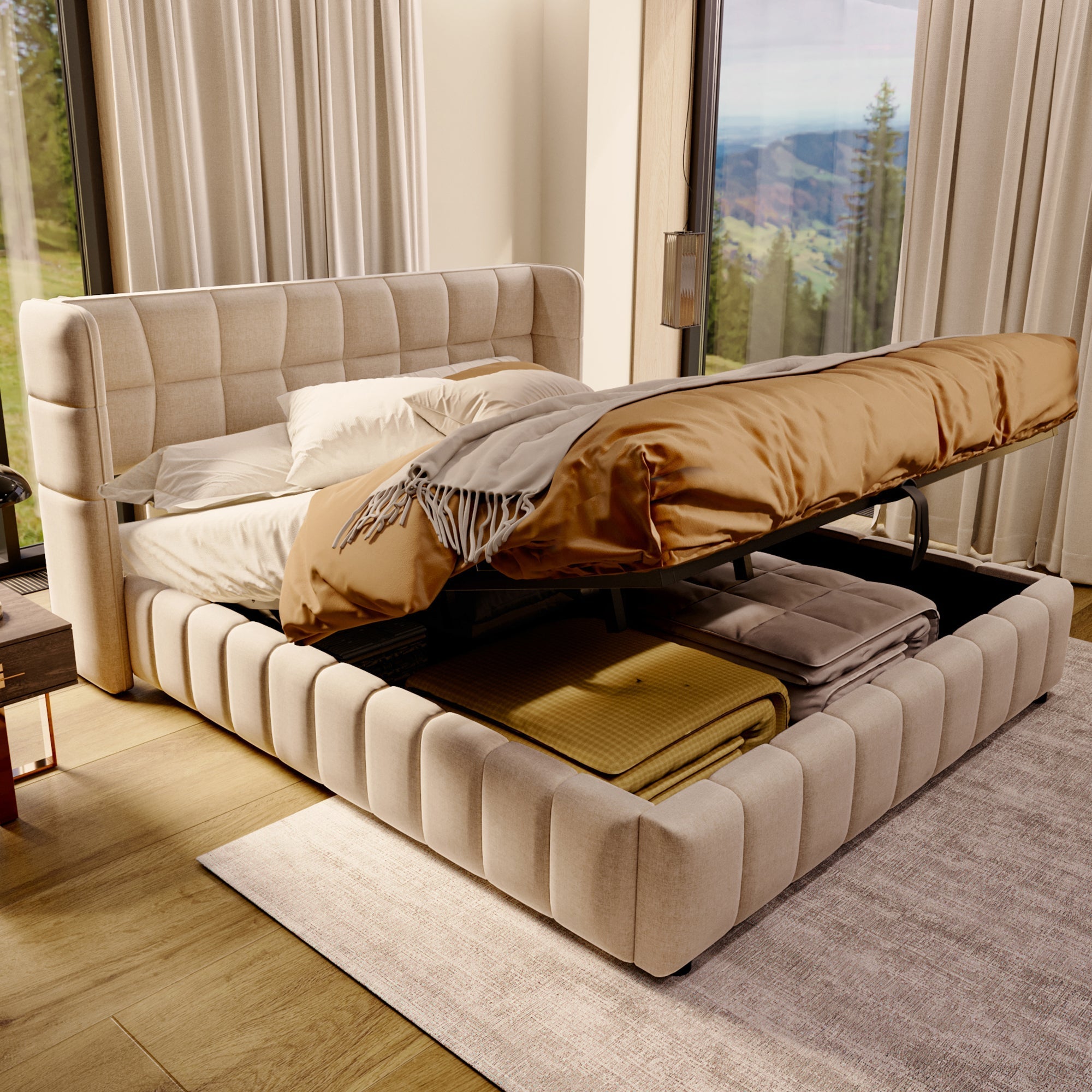 Upholstered Bed 180x200cm Pneumatic Storage Slatted Frame - Beige Linen