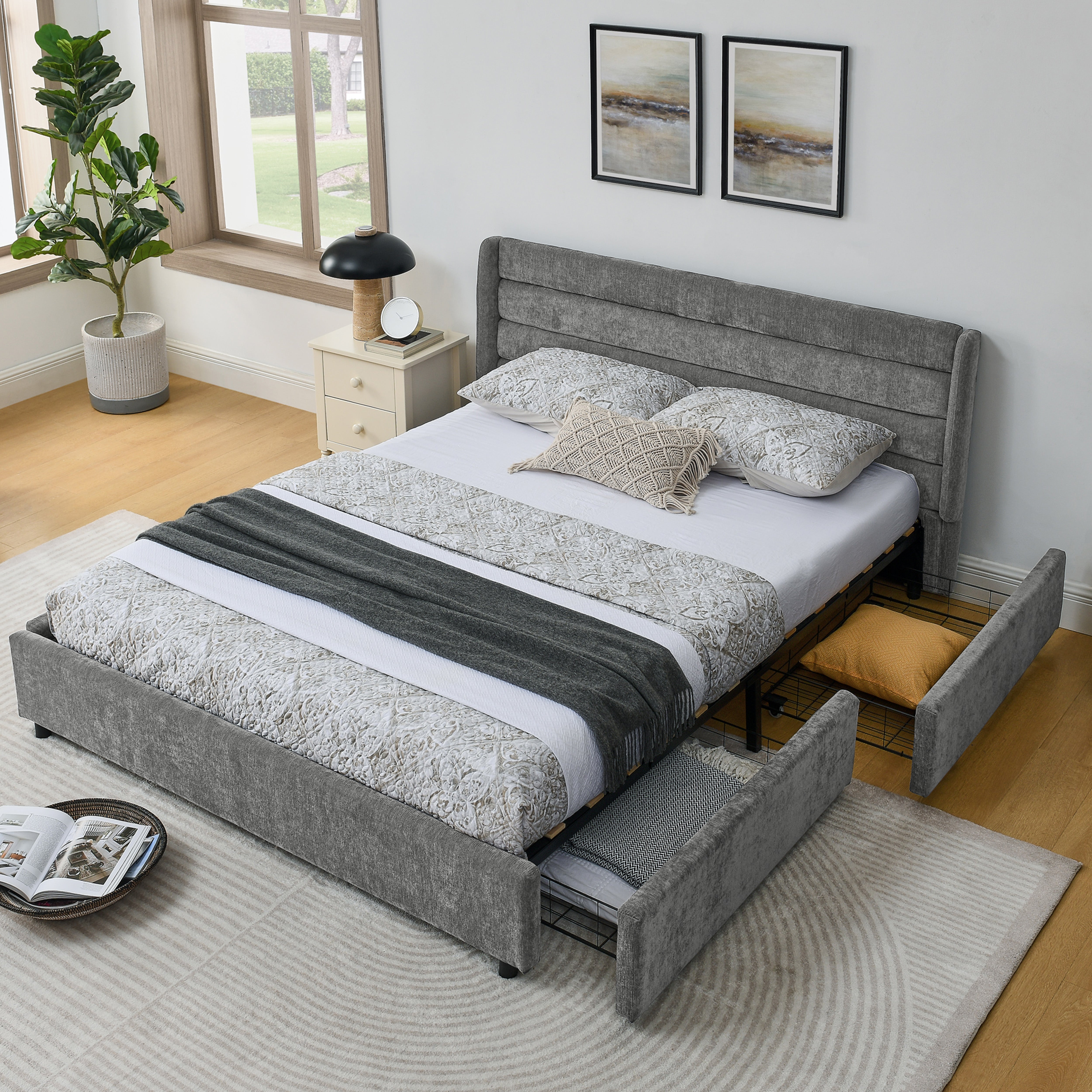 Double Bed 160x200cm with 4 Large Storage Drawers, Dark Grey Chenille