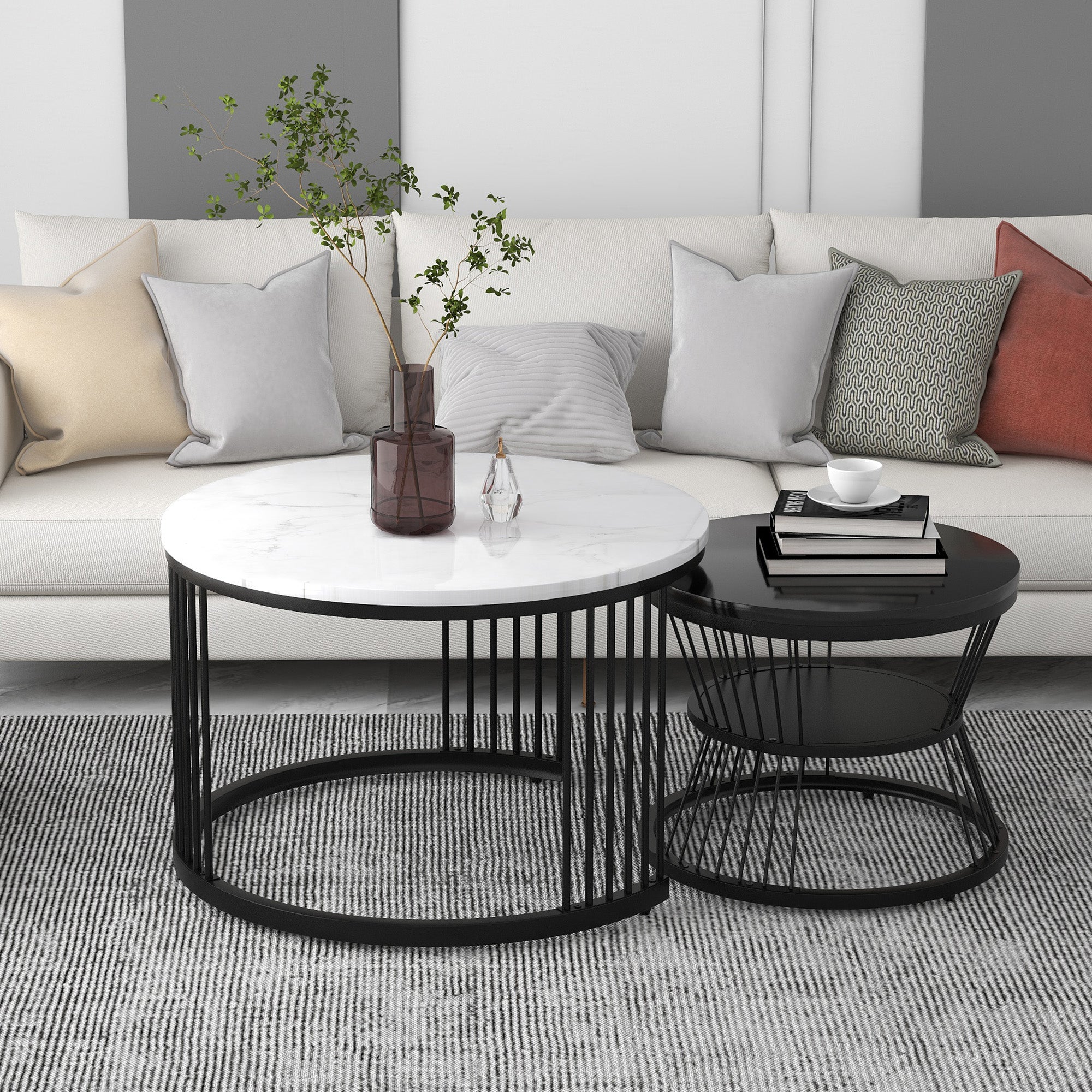 Modern Nesting Coffee Table, High Gloss Marbled, Set of 2, Black Frame