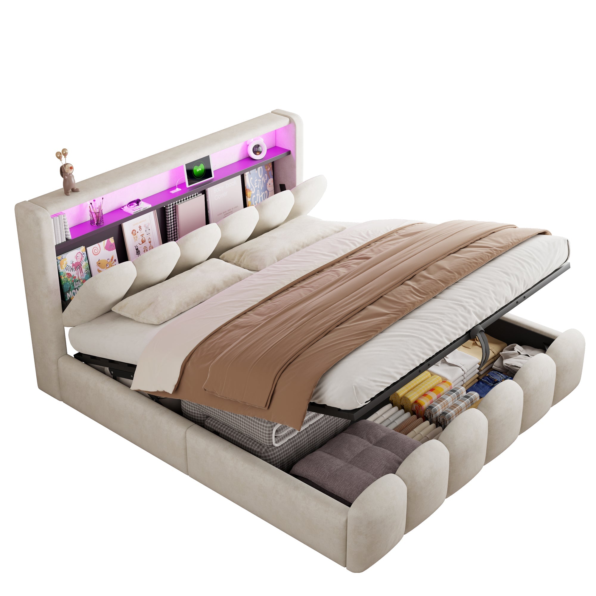 Upholstered Bed 180x200 Hydraulic Storage LED USB/Type-C Velvet Beige