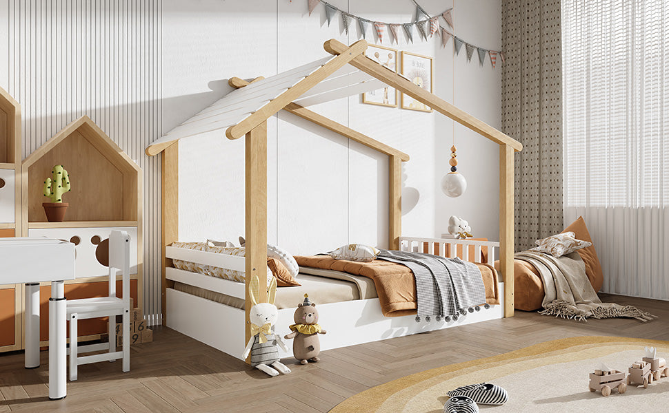 Wooden Bed, House Design Single, Pine + Chipboard + MDF, White + Natural