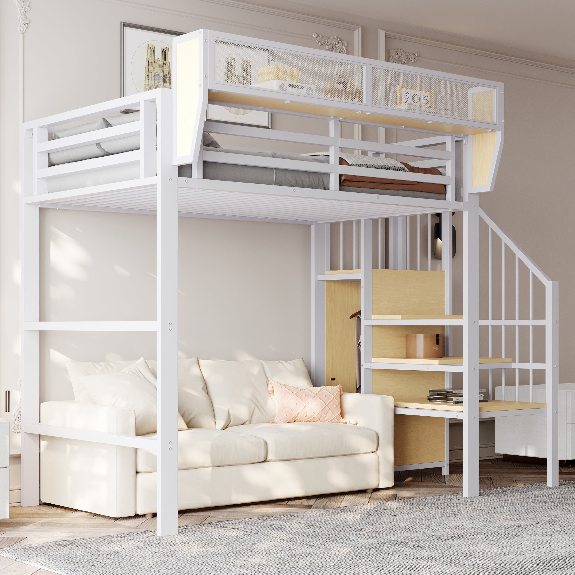 Loft Bed 90x200 Safety Ladder Storage Compartment Metal, White