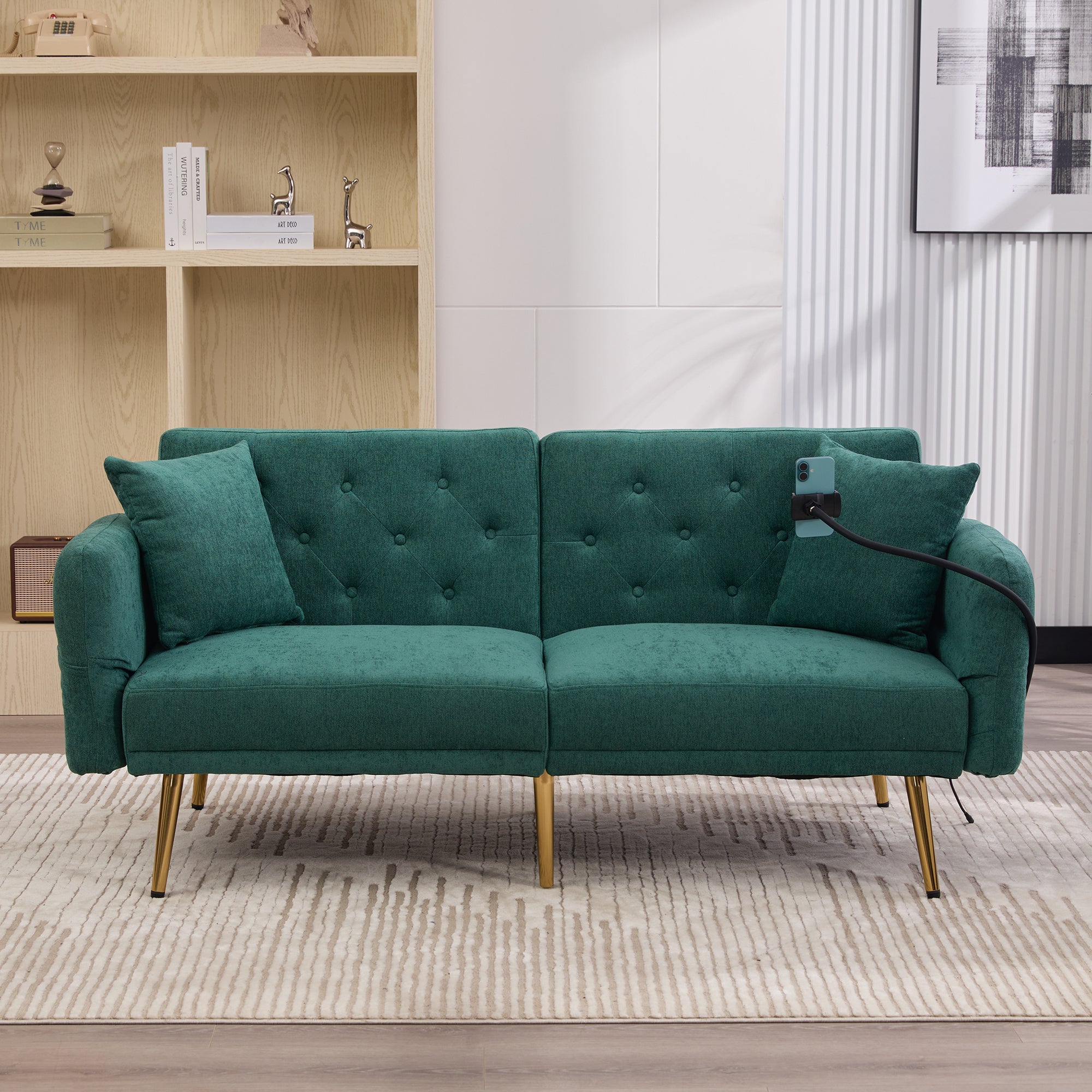 Sofa Bed, Multifunctional Folding with USB & Storage, Metal Legs
