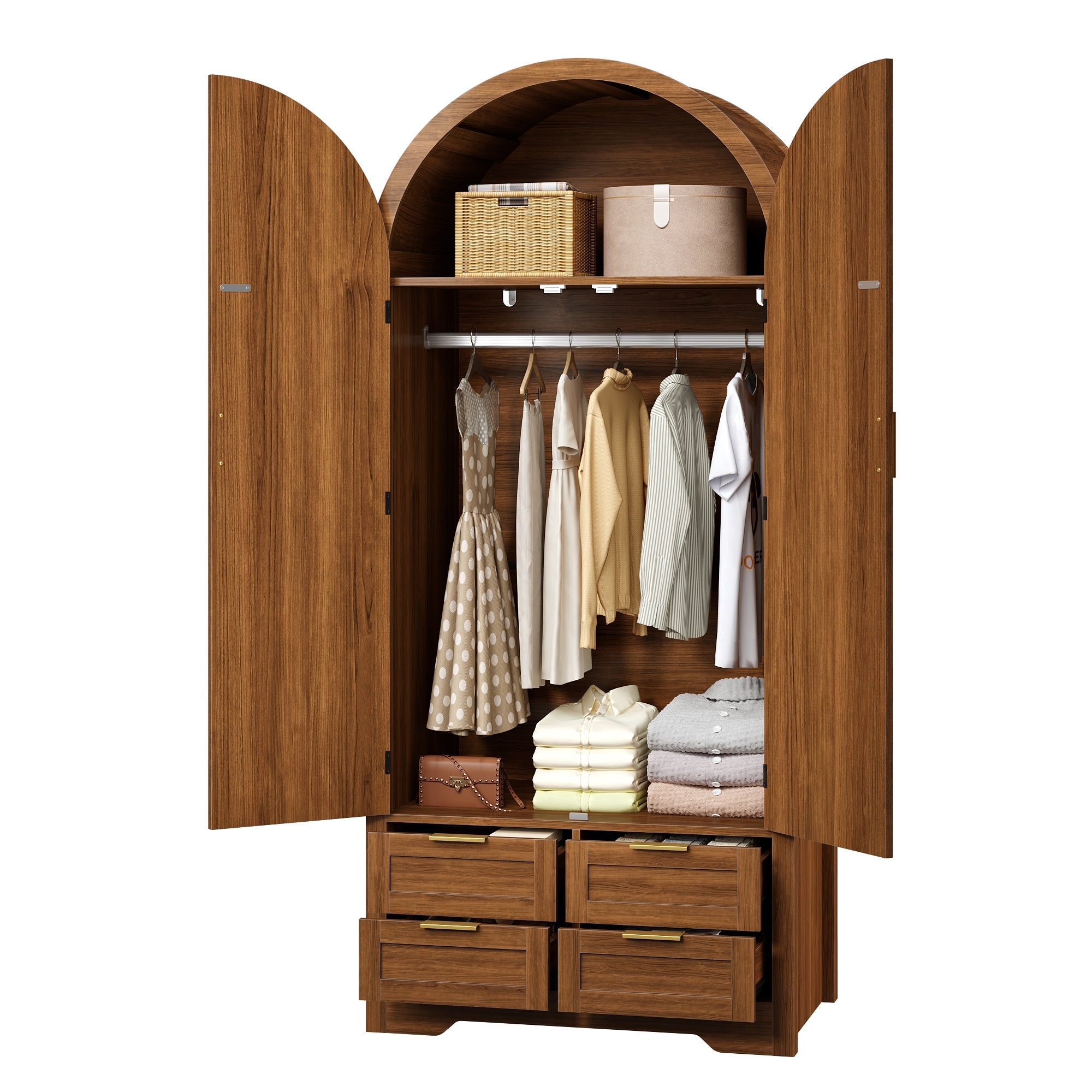 Modern Wardrobe with Curved Doors, Clothes Rail and Drawers, Walnut MDF
